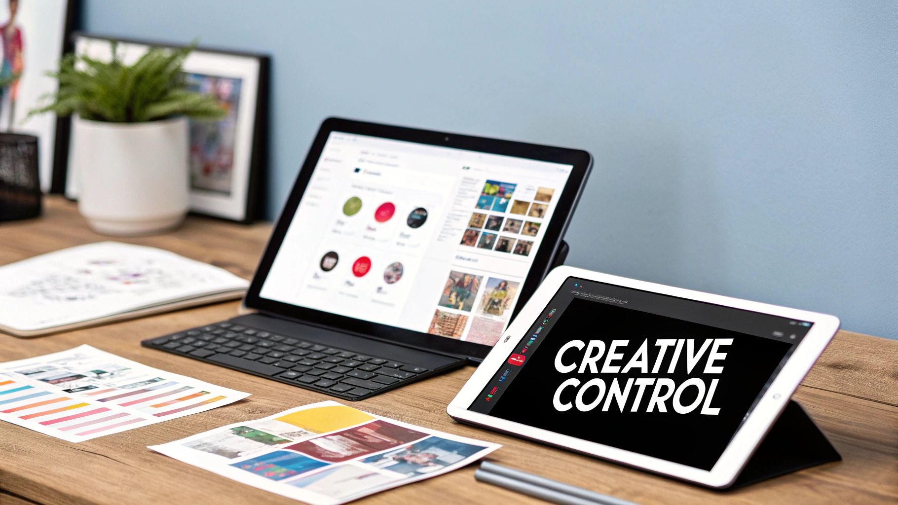 An illustrator's desk with a tablet showing a Wix website, custom prints, and art supplies.