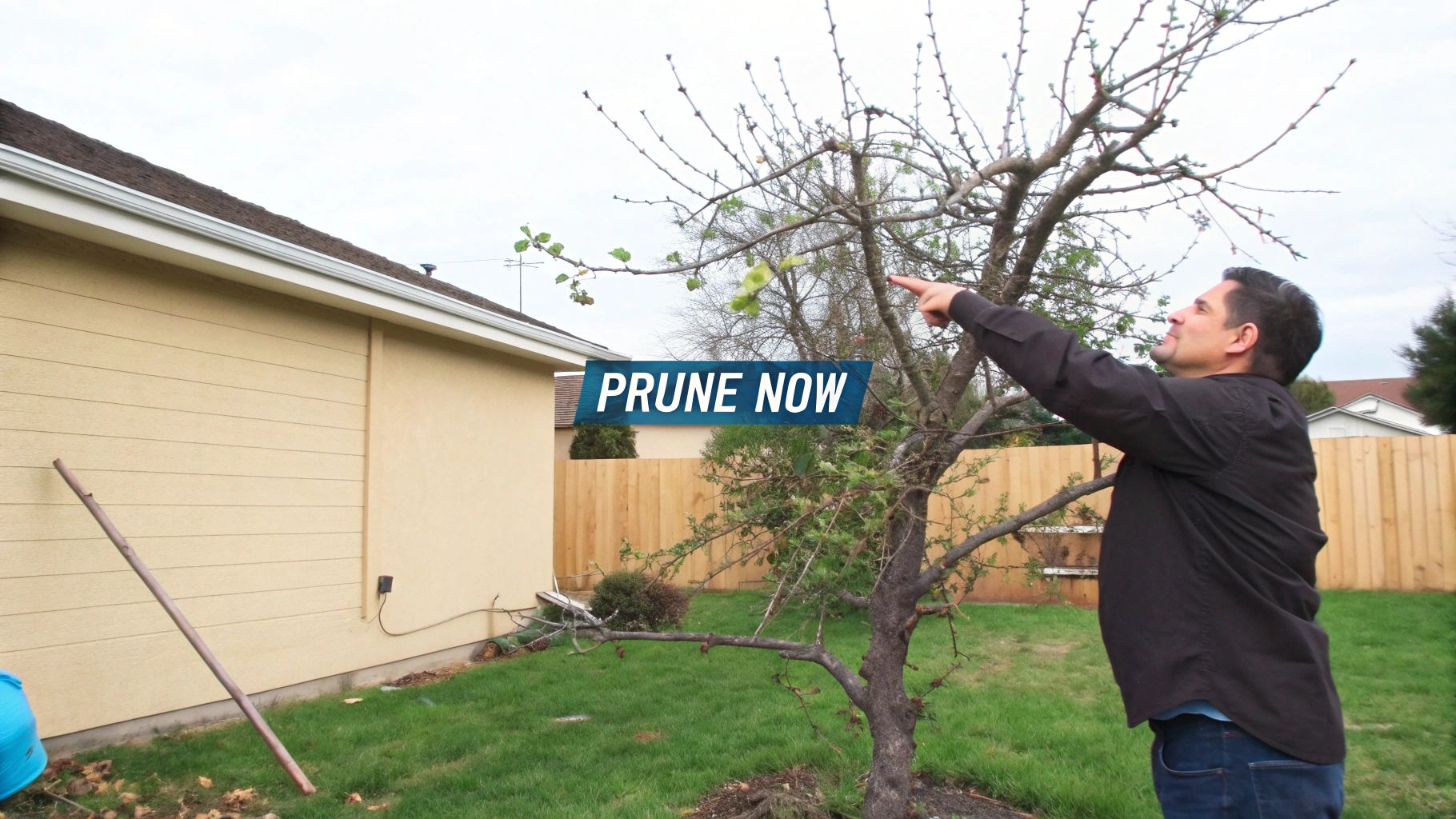 Man in a backyard pointing at a tree, with text "PRUNE NOW" on a blue banner.