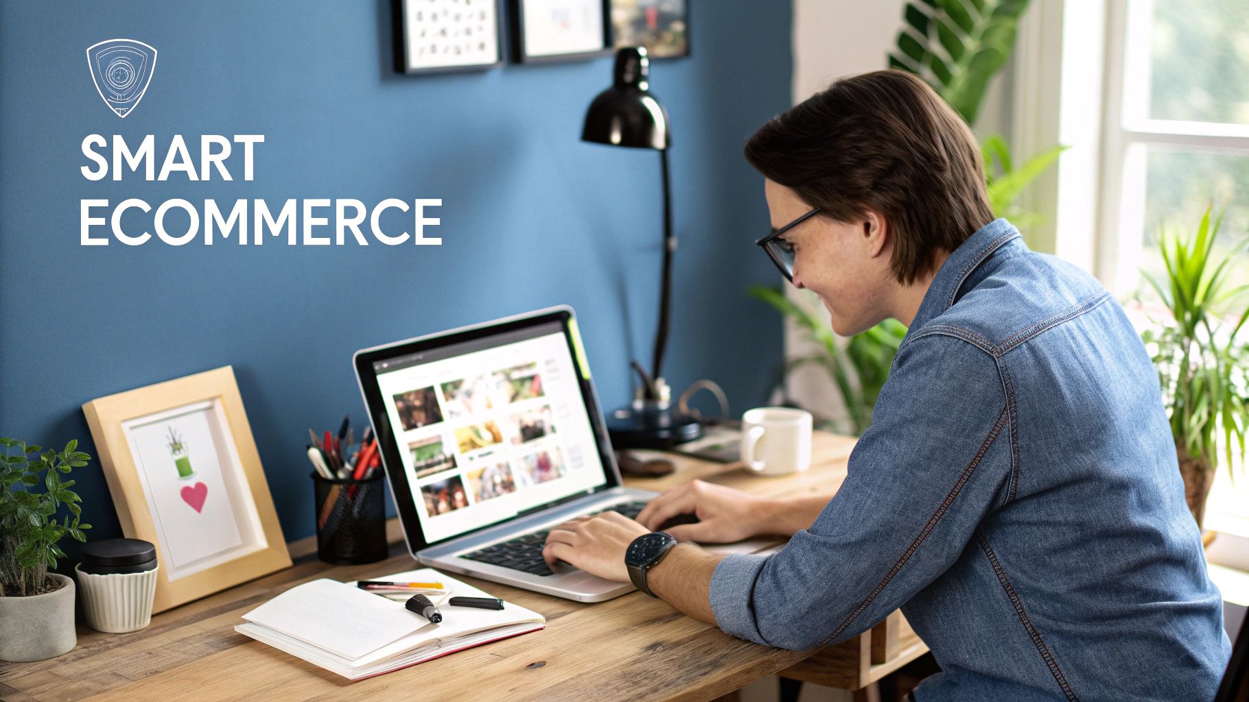 Man in denim shirt works on laptop at wooden desk, surrounded by plants and office supplies. "Smart Ecommerce" text on blue wall.