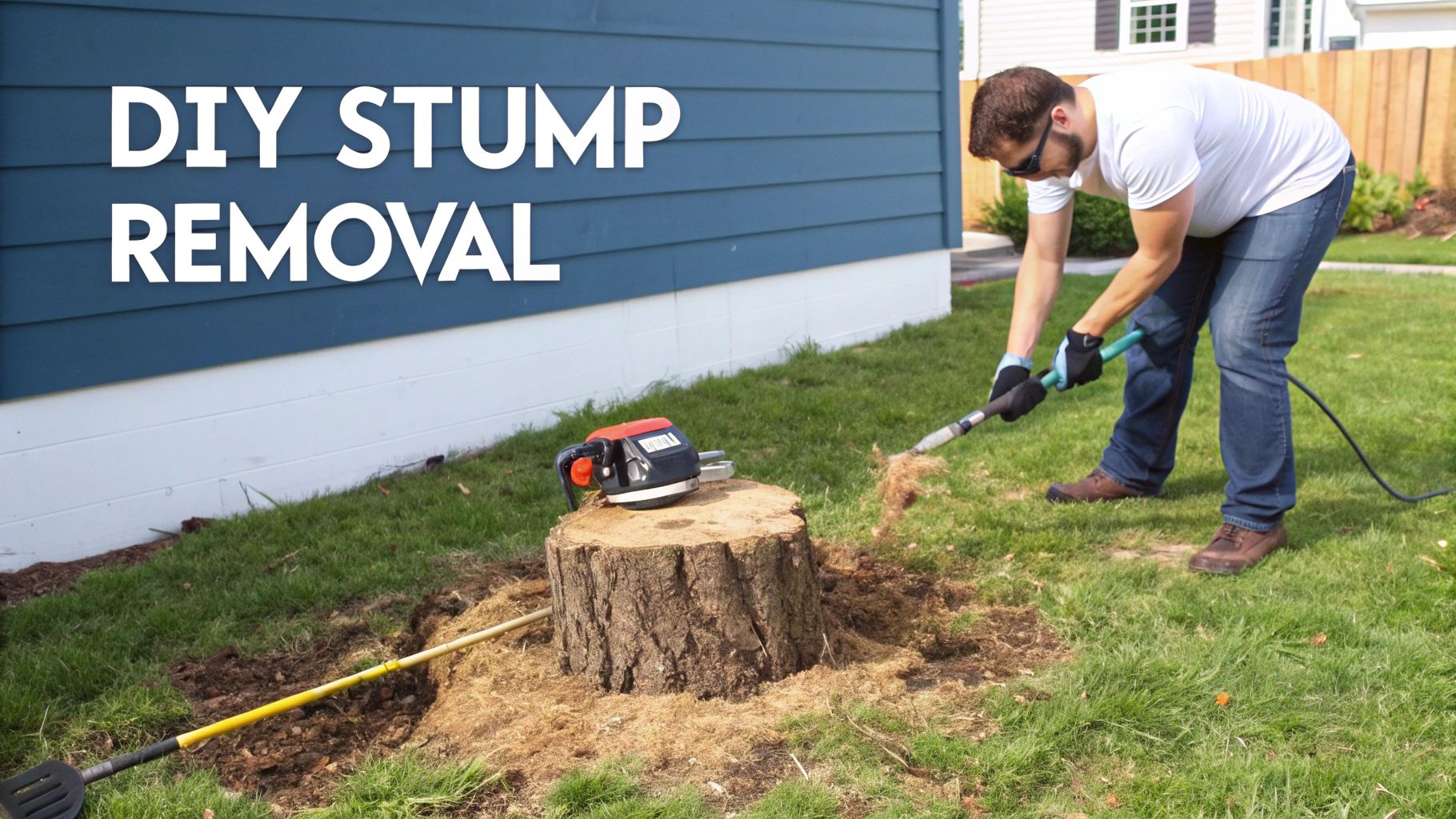 Man in a white t-shirt and jeans using a stump grinder for DIY stump removal in a green yard.