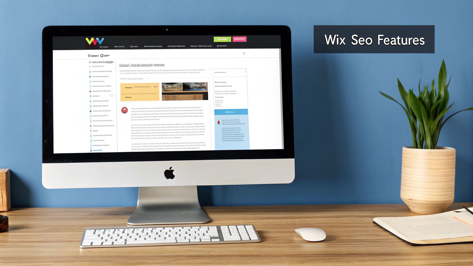 iMac on wooden desk with blue wall background. Screen shows Wix SEO features. Notepad, plant, and keyboard visible. Calm, organized setting.