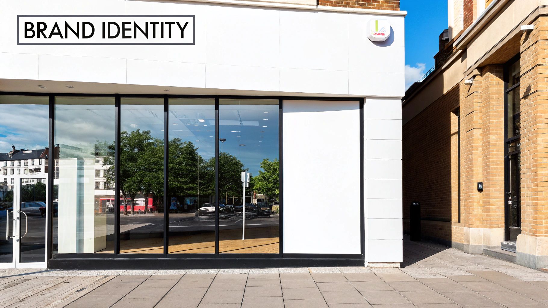 A modern building with large glass windows reflecting trees and urban scenery, featuring 'BRAND IDENTITY' text on a white wall.