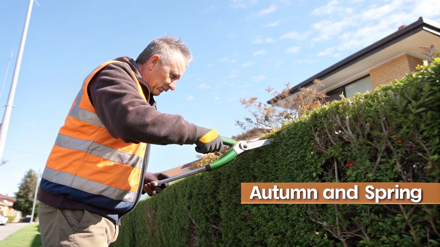 Man in an orange safety vest and gloves trimming a green hedge with large shears under a clear sky.