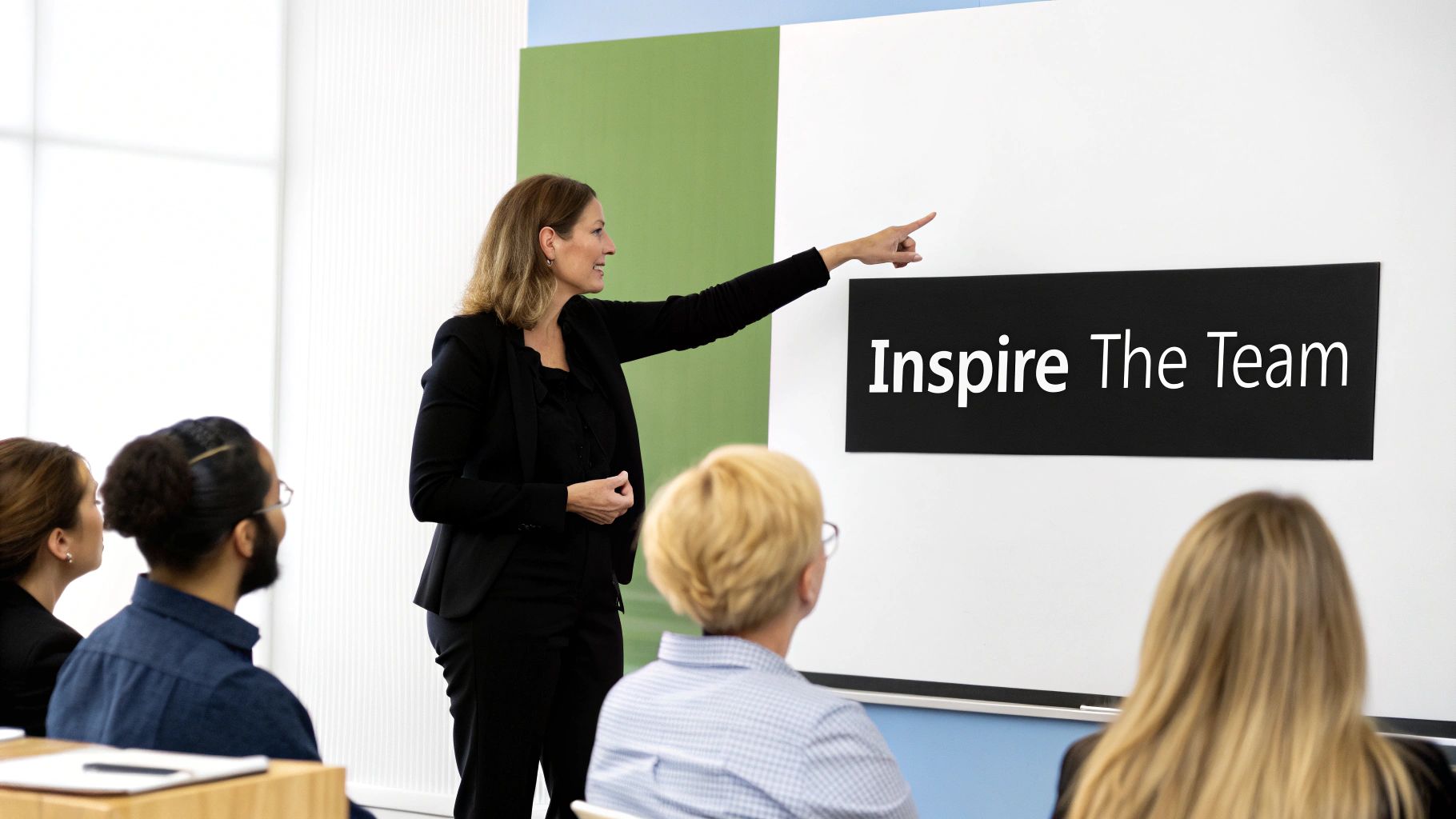 A team leader passionately presenting a creative brief to an engaged creative team in a modern office.