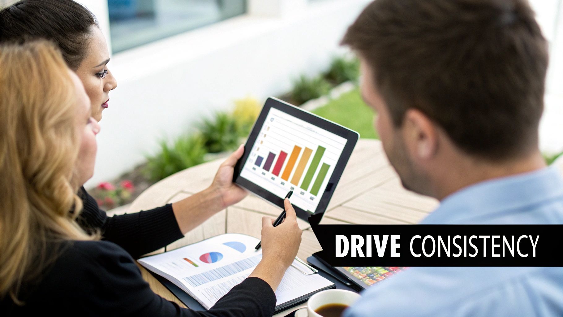 A cohesive set of branded materials including business cards, a notebook, and a tablet, showcasing the success of a consistent style guide.