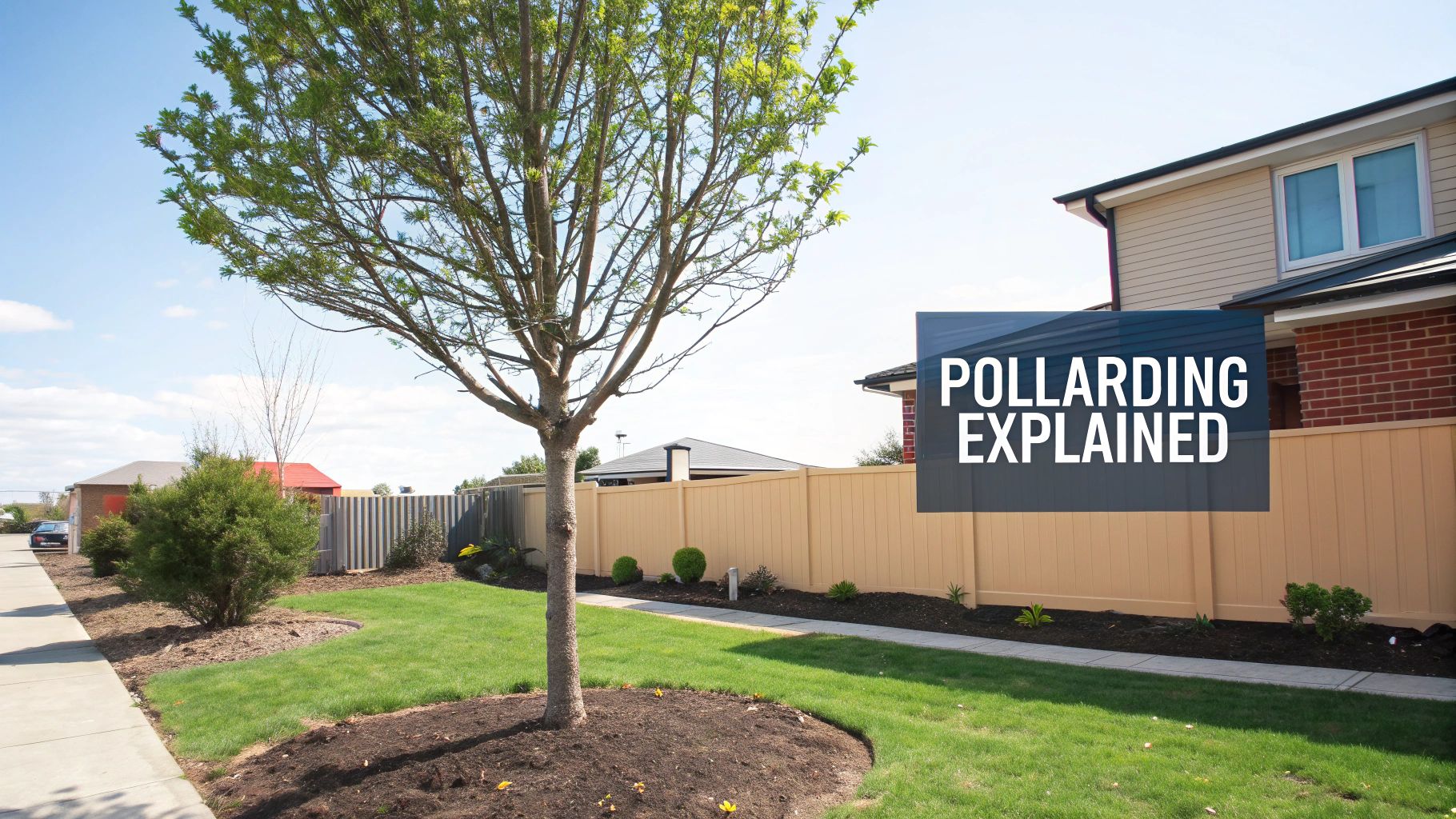 A well-maintained residential front yard featuring a tree, green lawn, fence, and 'POLLARDING EXPLAINED' text.