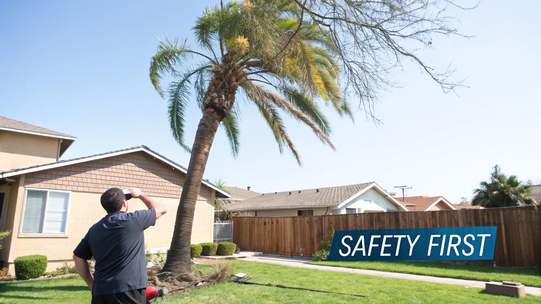 A man looking up at a tall palm tree in a residential backyard, with a 'SAFETY FIRST' banner.