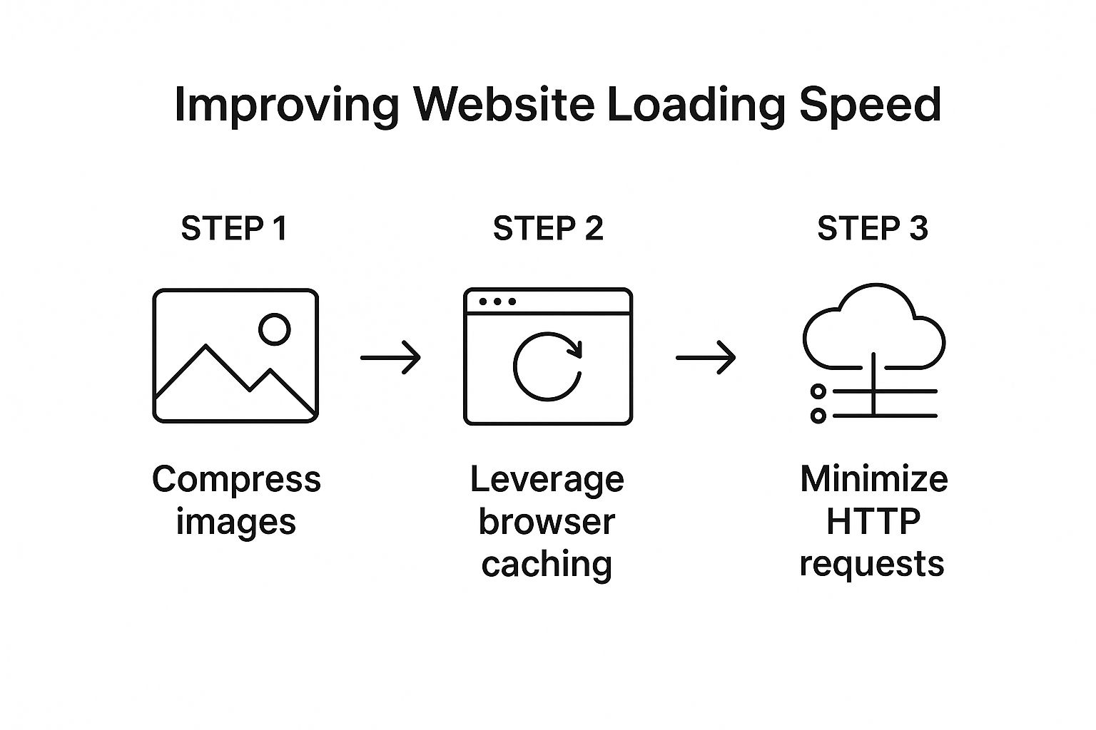 Steps to improve website speed: 1) Compress images, 2) Leverage browser caching, 3) Minimize HTTP requests. Icons for each step.