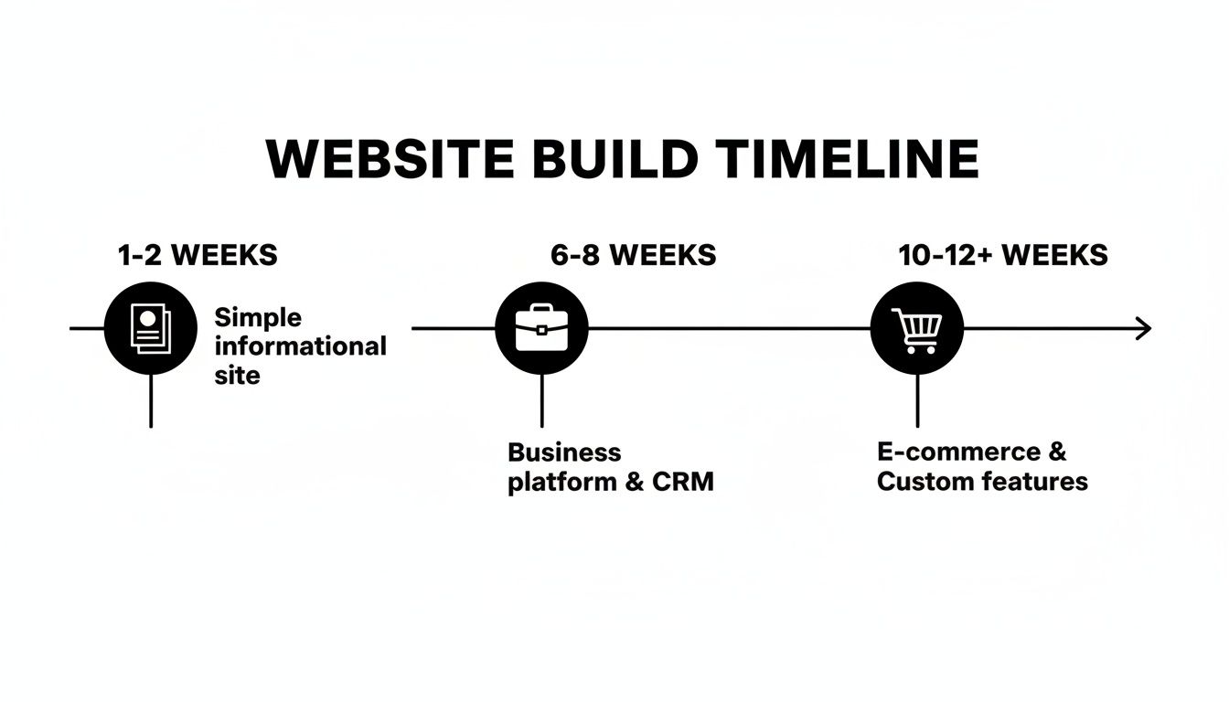 A website build timeline showing project durations for simple, business, and e-commerce sites.
