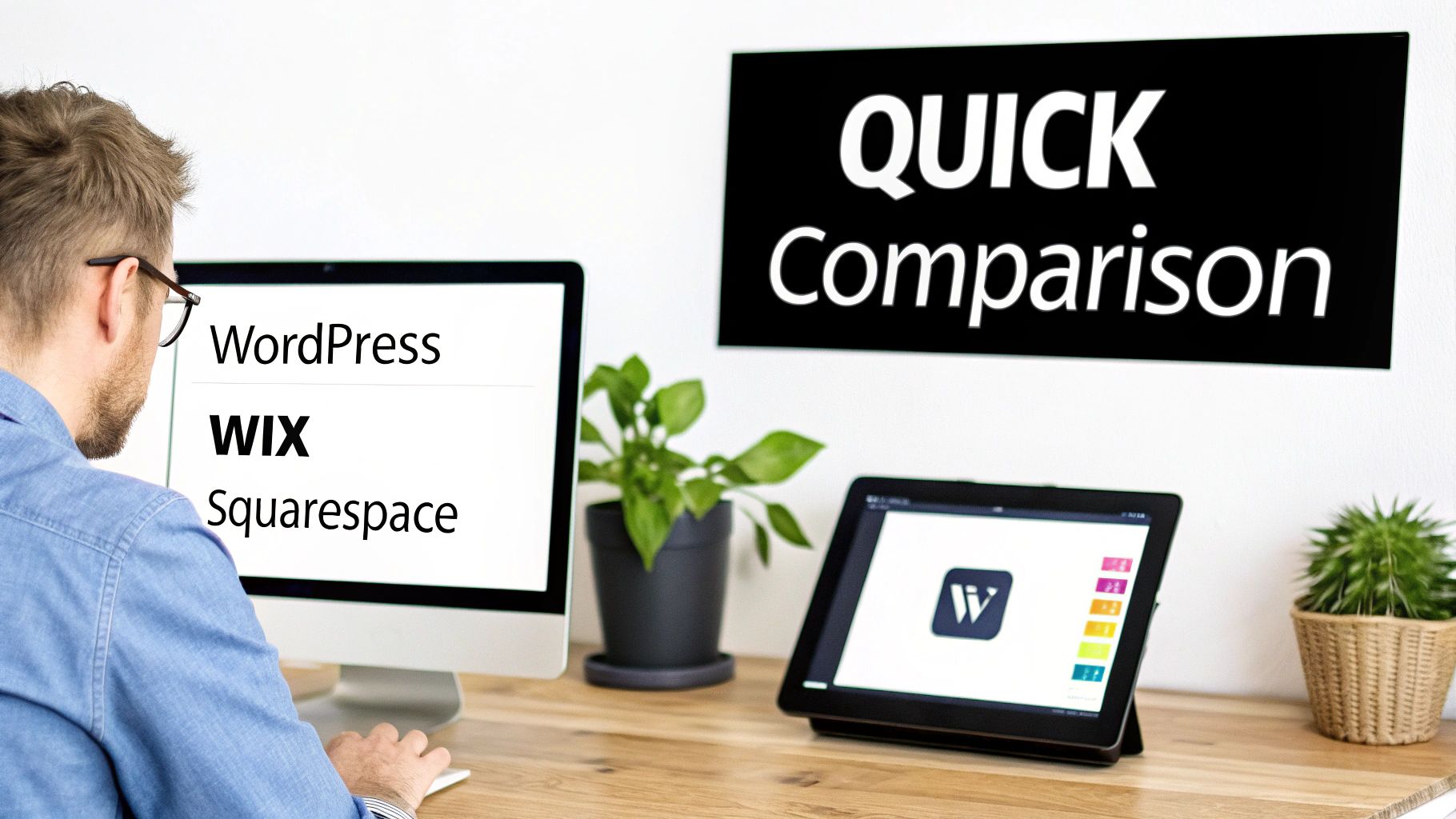 Man at desk comparing WordPress, Wix, Squarespace. Computer and tablet in bright office. Quick Comparison sign on wall. Modern setup.