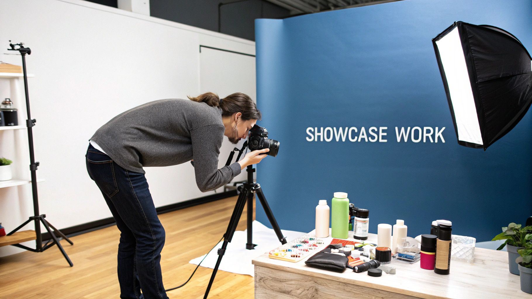 Woman photographing various products on a table with a professional camera and studio lighting.