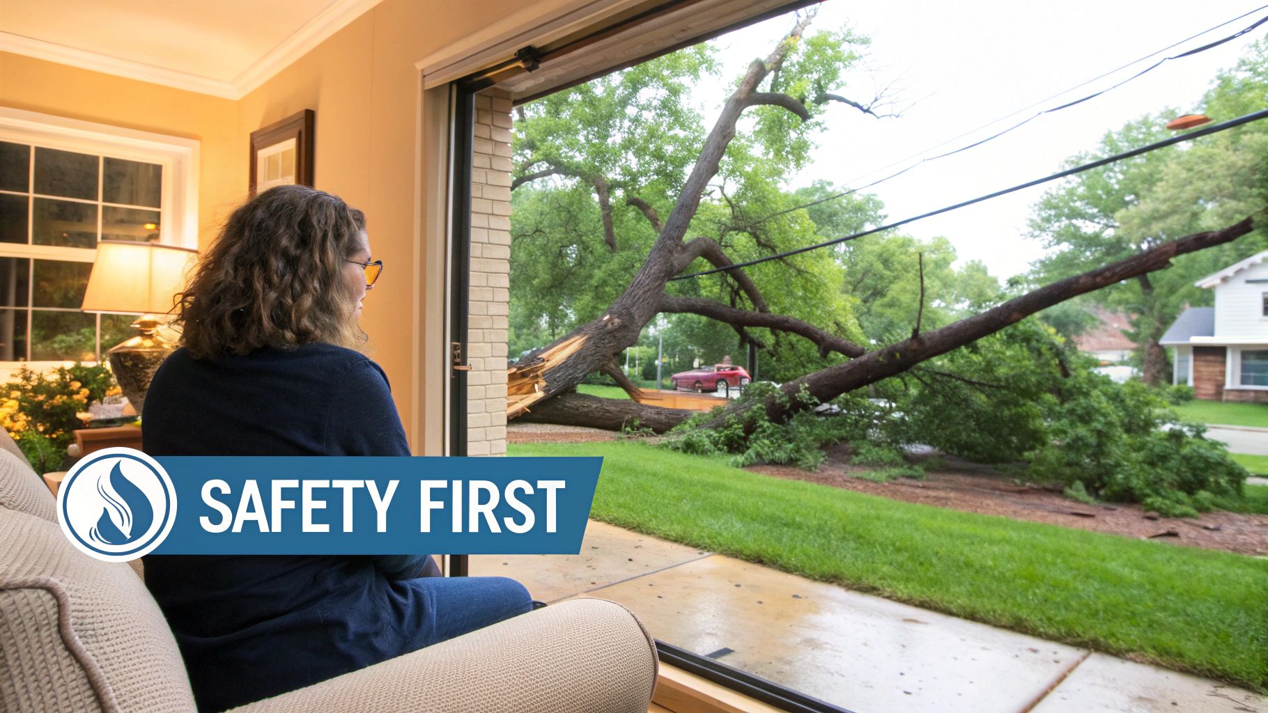 Woman sits safely indoors, observing a large fallen tree blocking a residential street after a storm.