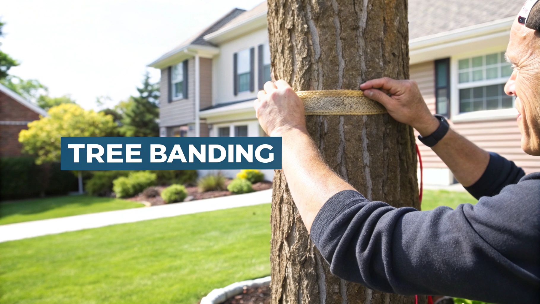 Person measuring tree trunk circumference with yellow tape measure for tree banding treatment