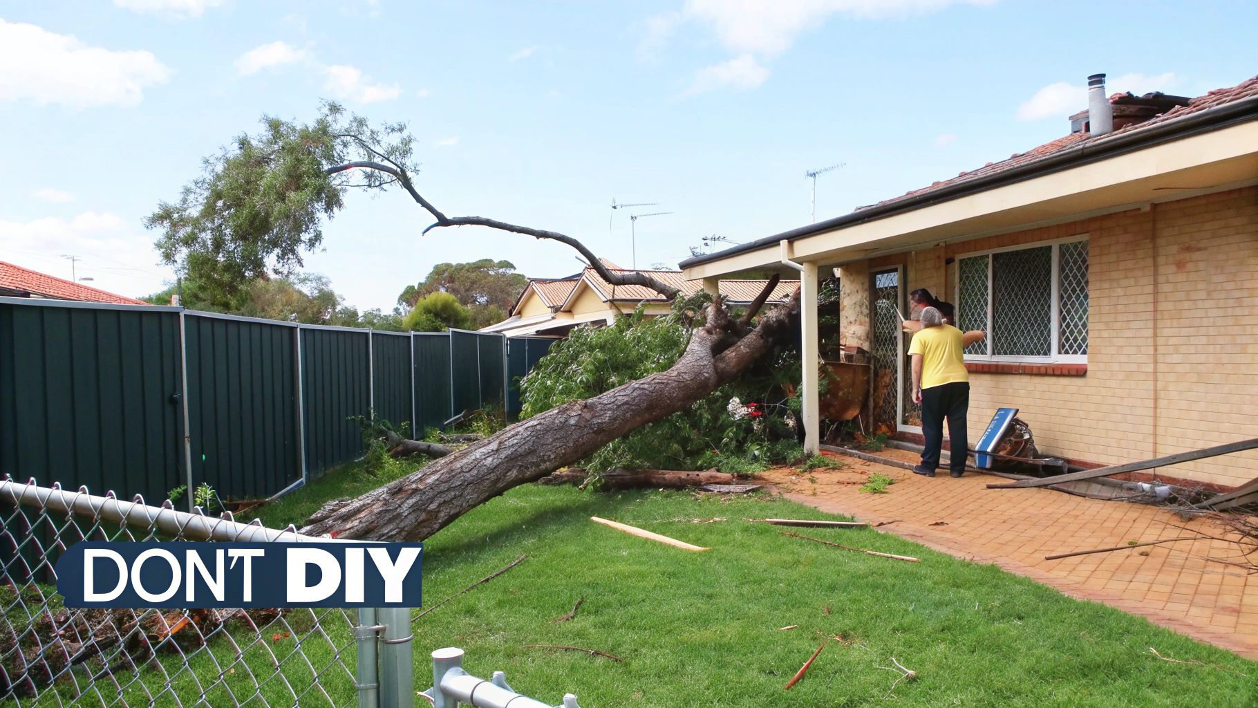 A massive tree fallen onto a residential home after a storm, with people cleaning up.
