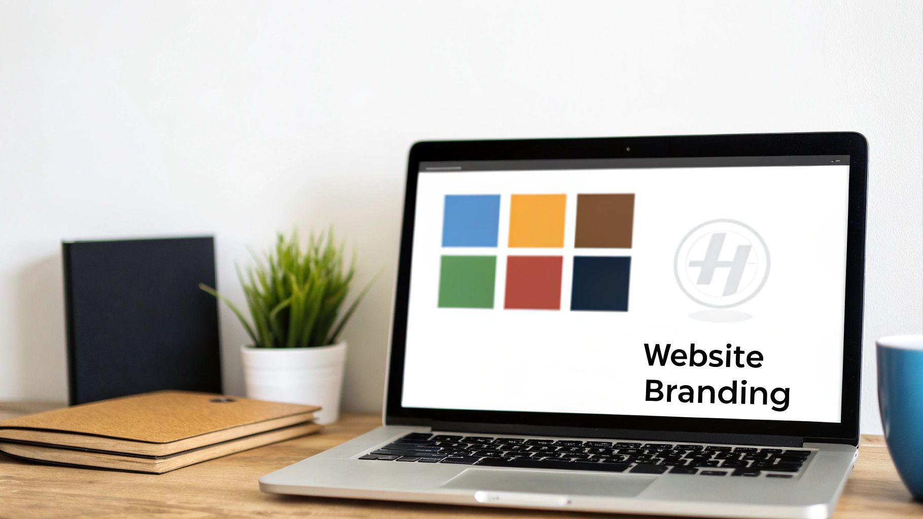 A laptop on a wooden desk showing 'Website Branding', a logo, and a color palette.