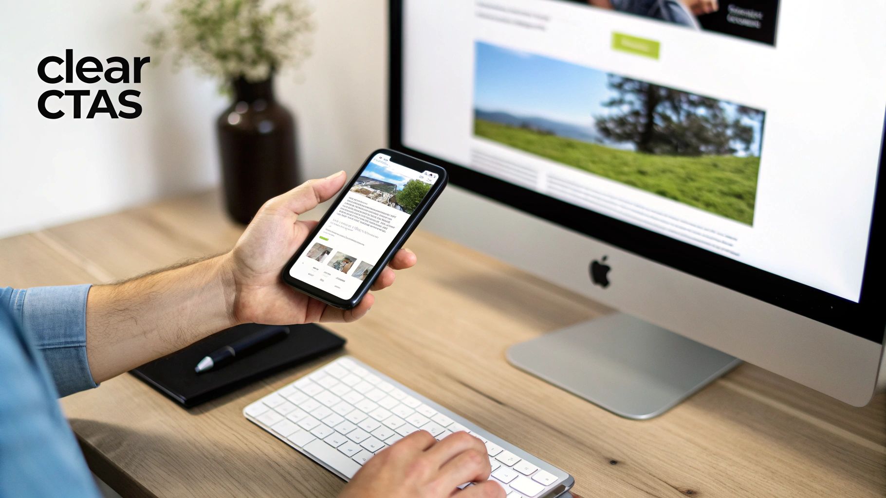 A person reviews a website on a smartphone and desktop computer, showcasing digital work.