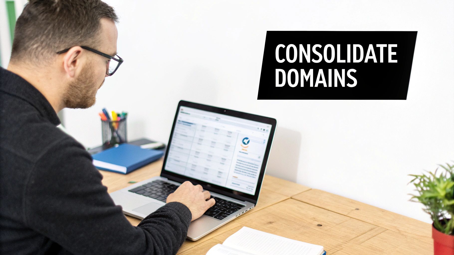 Man working on a laptop at a wooden desk with a black banner displaying 'CONSOLIDATE DOMAINS'.