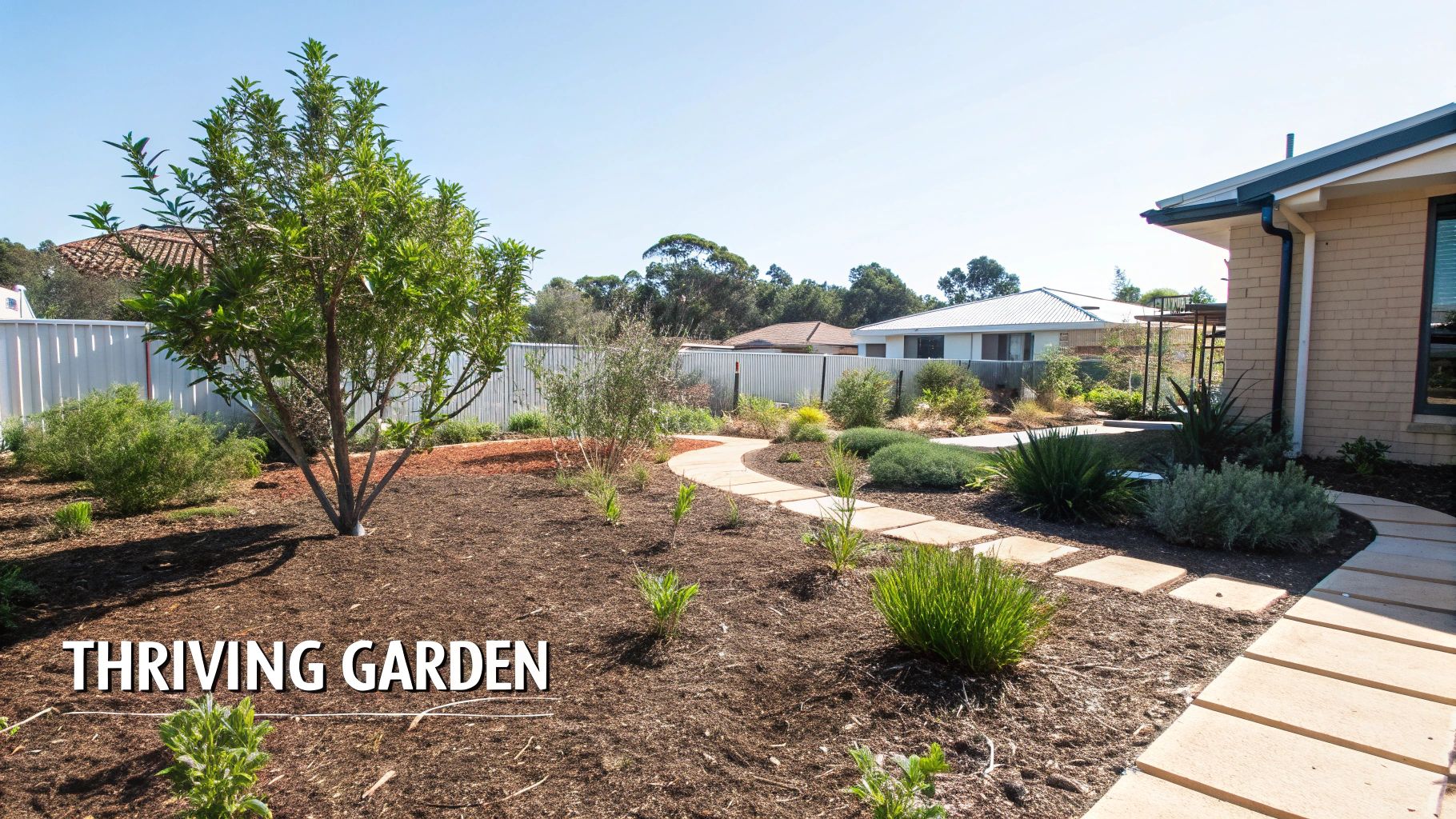 Well-maintained residential backyard garden with mulched beds, curved pathway, and native plantings
