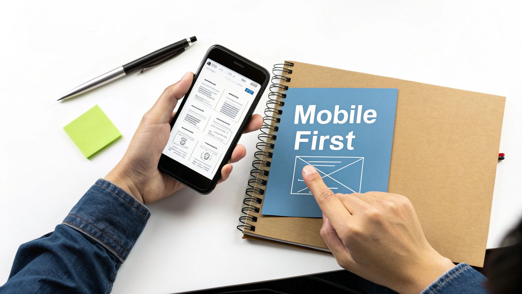 A person holding a smartphone with app wireframes and a notebook titled 'Mobile First'.