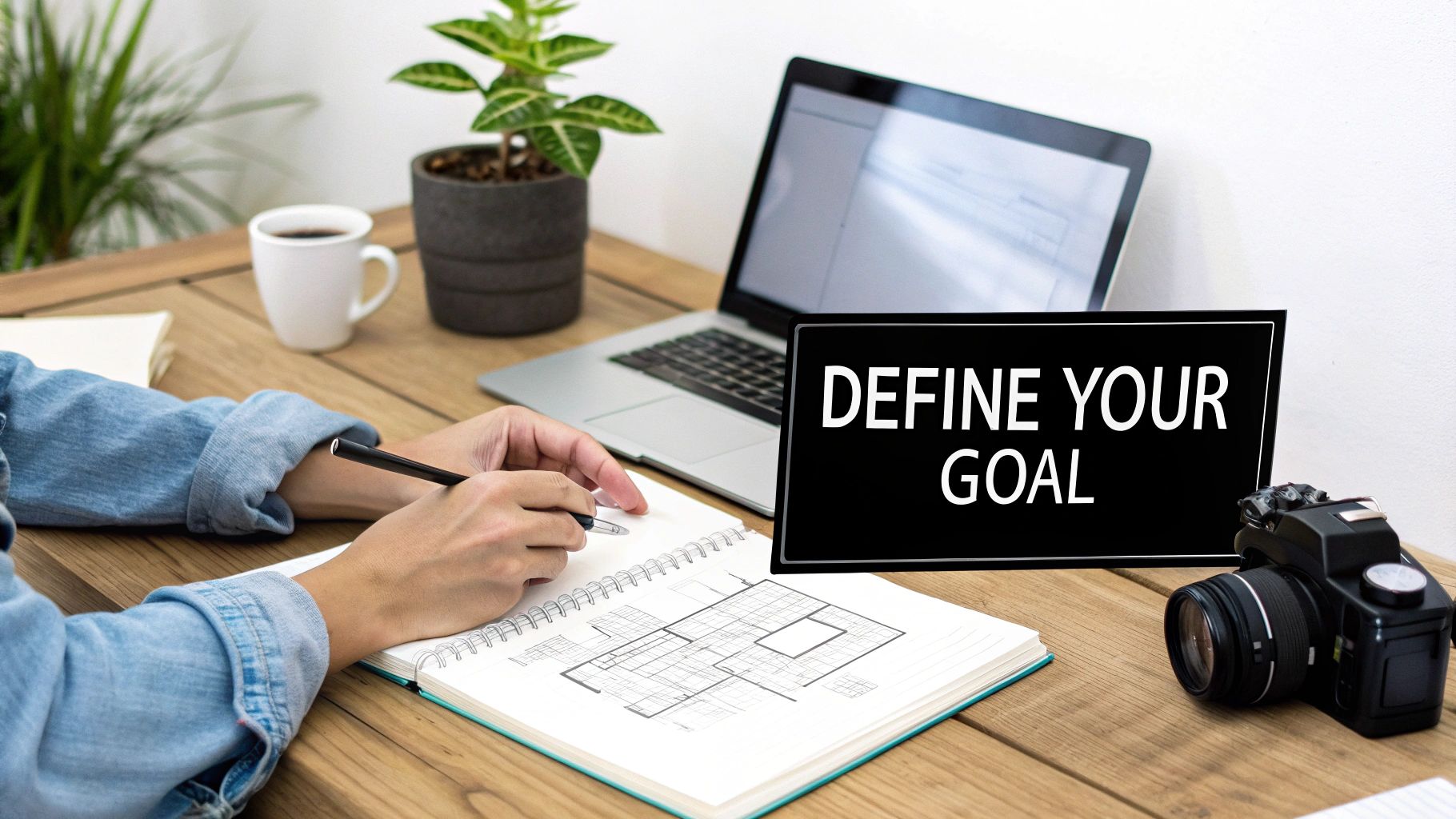 A person sketching out website layout ideas on a notepad with a laptop in the background.