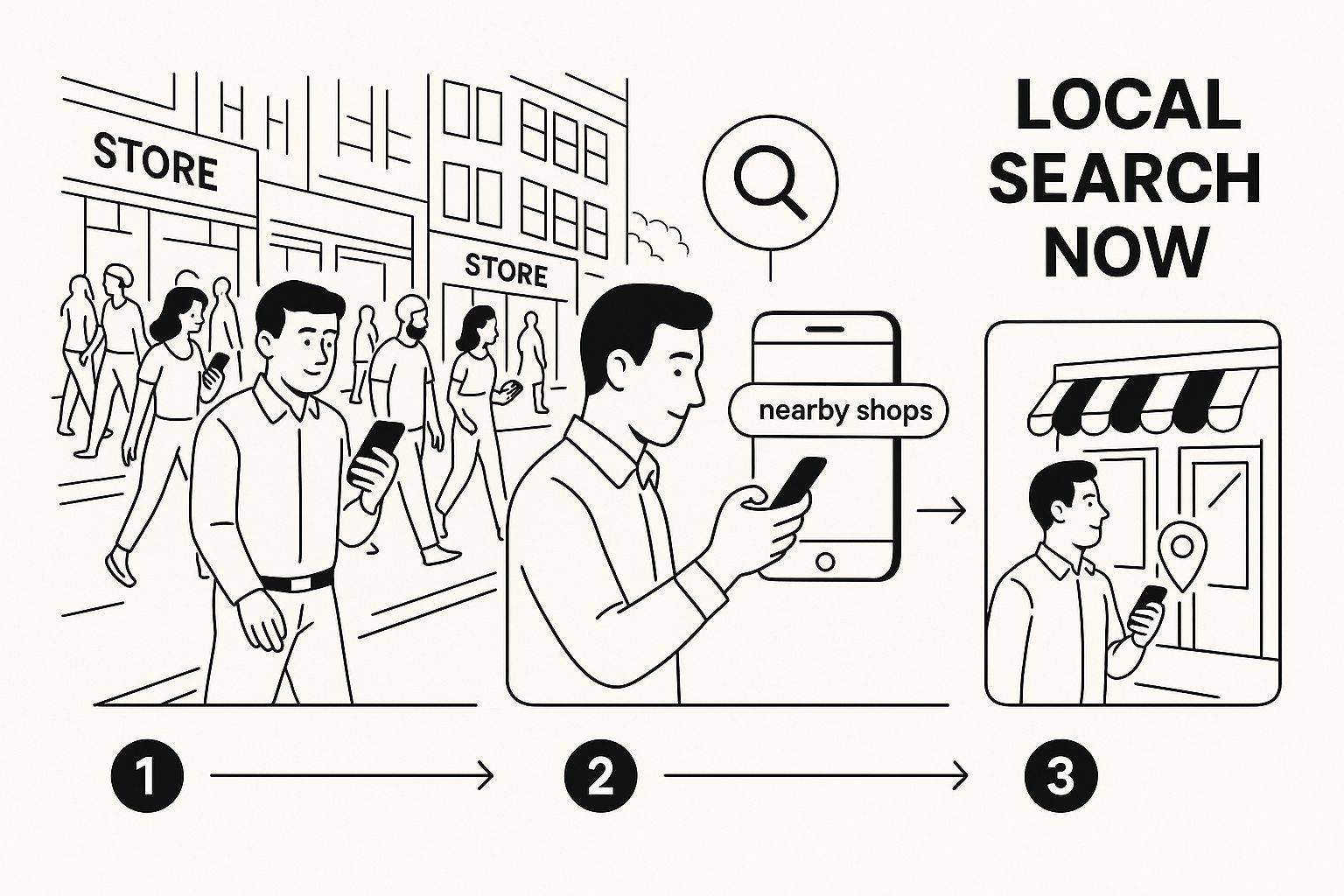 Man using phone for "nearby shops" search on city street. Steps: 1) Walking, 2) Searching on phone, 3) Finding location. "LOCAL SEARCH NOW" text.