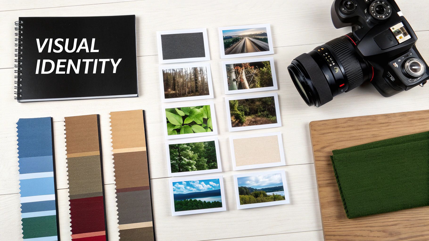 Flat lay of design tools including a 'Visual Identity' notebook, color swatches, photos, and a camera.