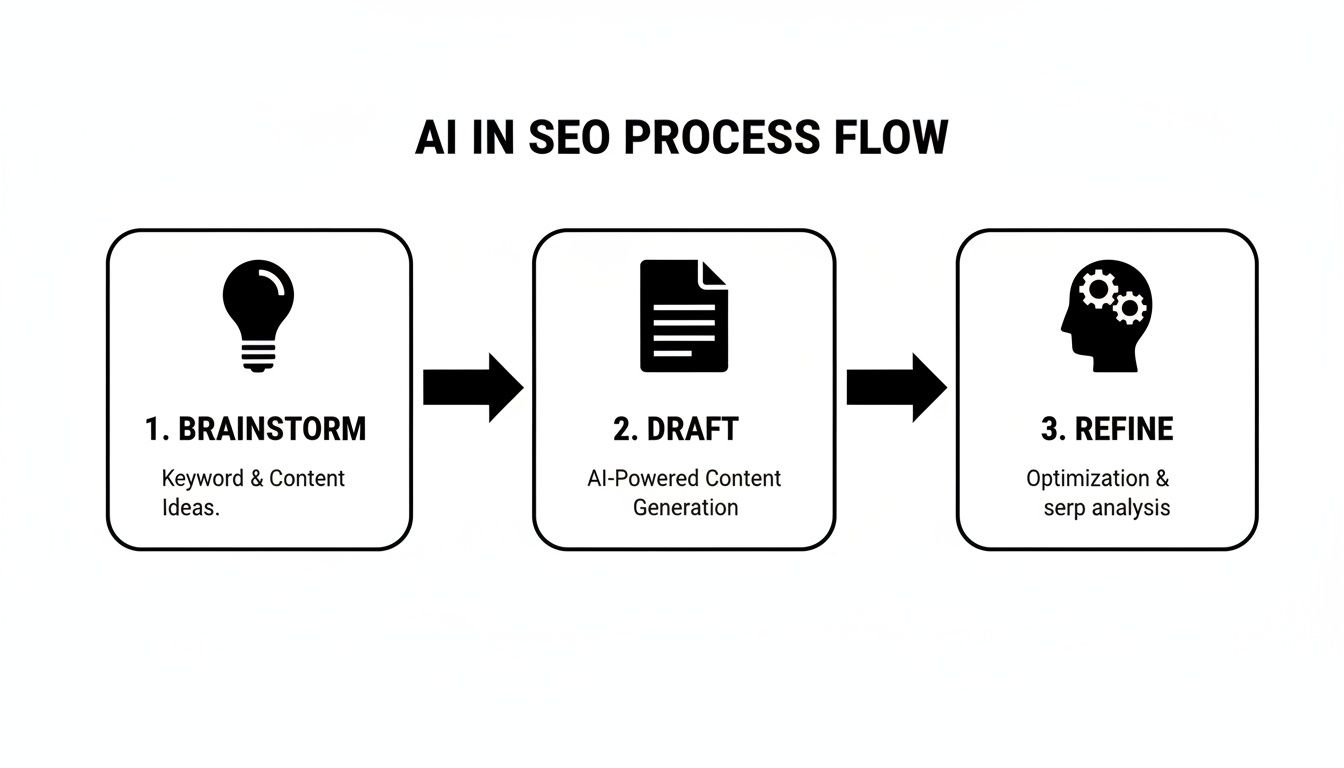 Flowchart detailing the AI in SEO content process: brainstorm, draft, and refine.