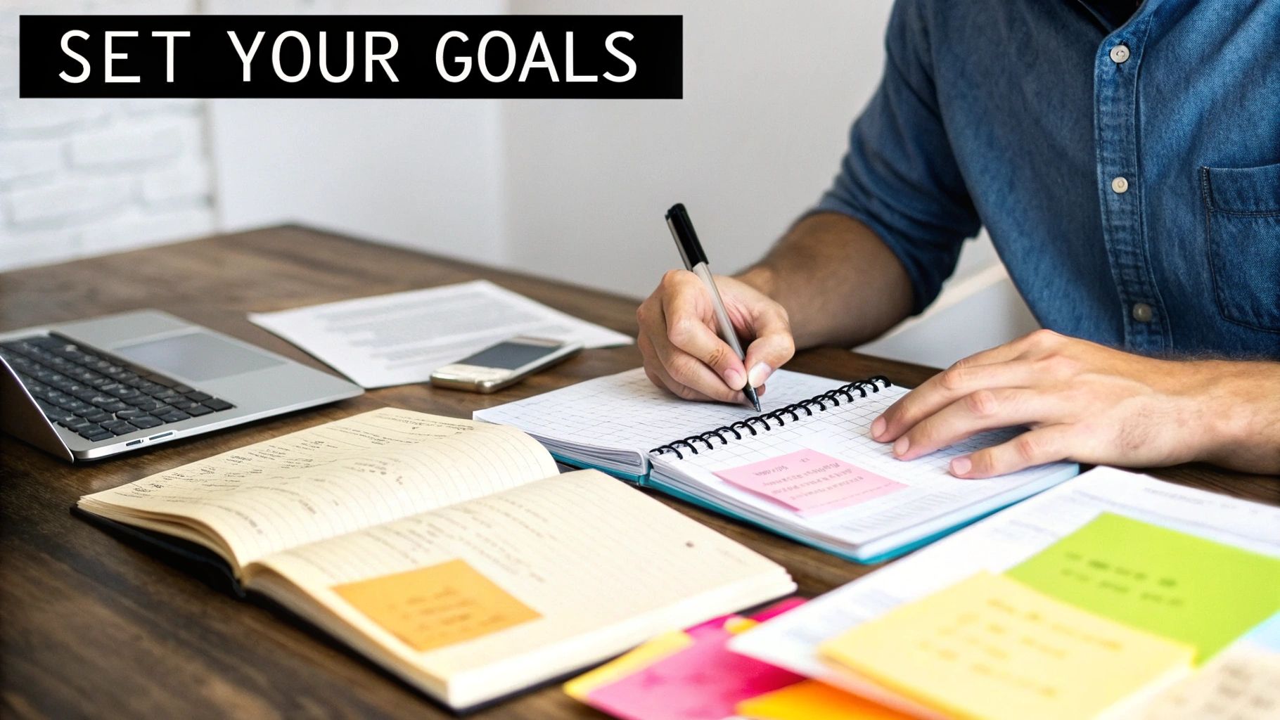Person writing in a notebook at a desk with a laptop and documents. Sticky notes are visible. Text reads "SET YOUR GOALS." Mood: focused.