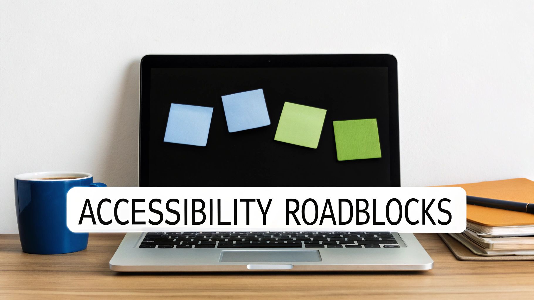 A laptop on a wooden desk with colorful sticky notes on the screen, a coffee mug, and text overlay 'ACCESSIBILITY ROADBLOCKS'.