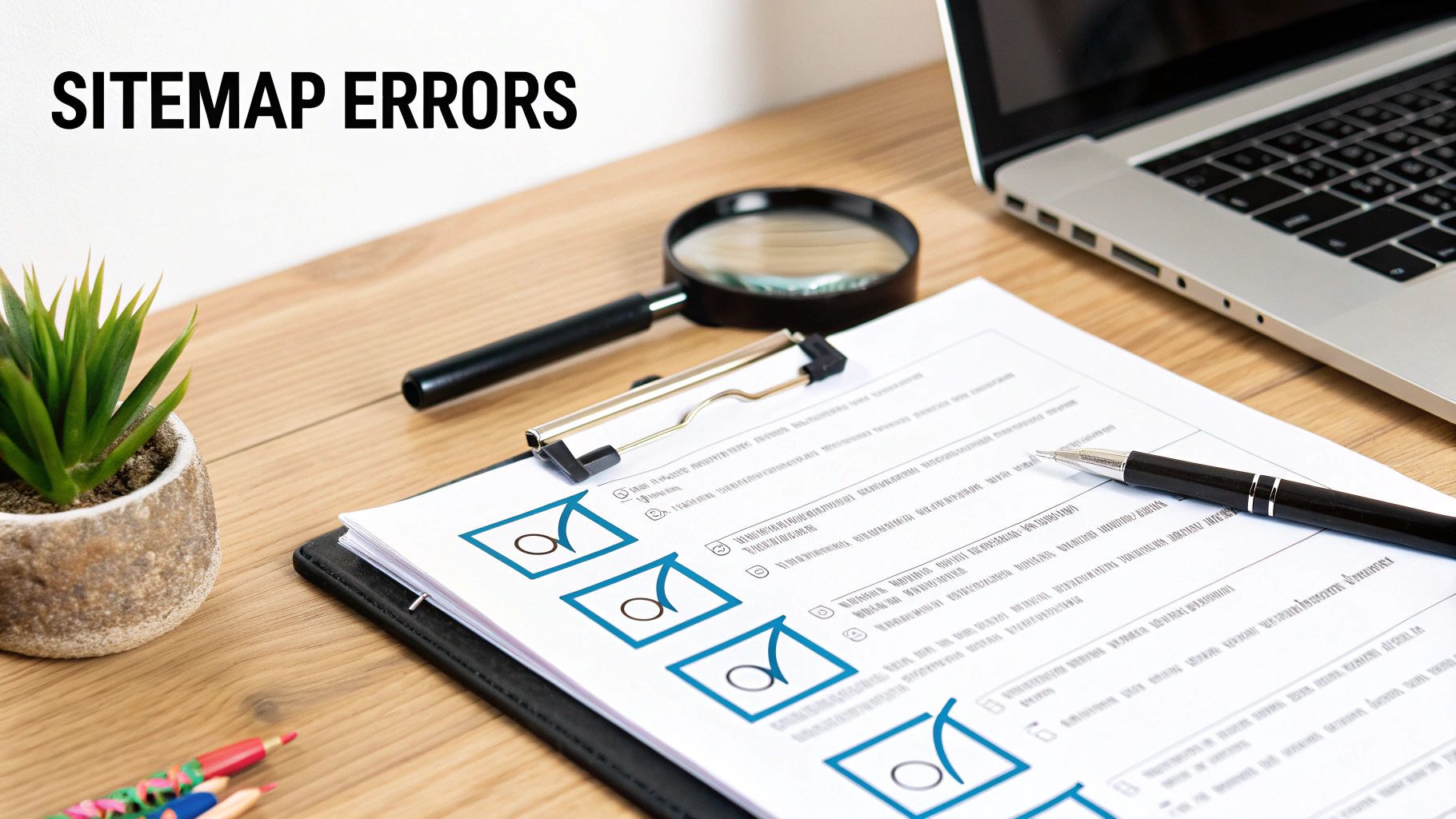 A checklist document with checkmarks and a pen, next to a laptop, for sitemap errors.