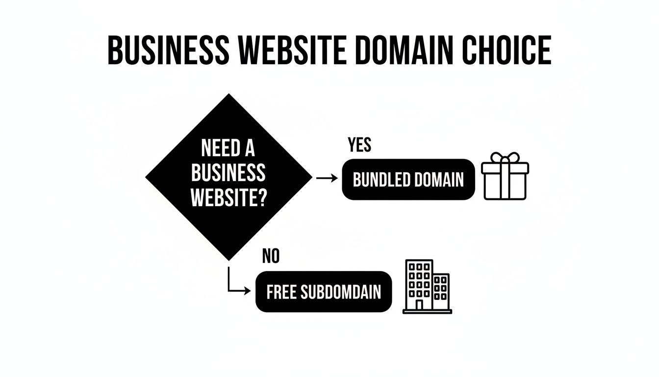 A flowchart showing business website domain choices: bundled domain for yes, free subdomain for no.