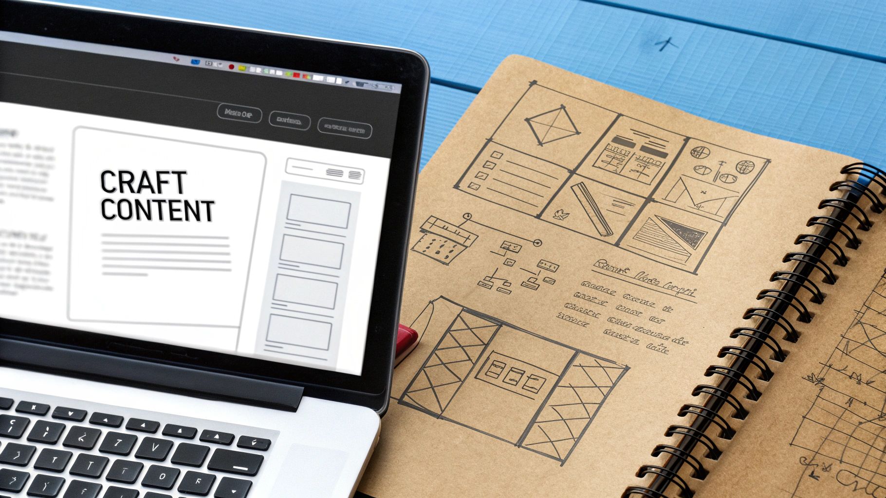 Laptop displaying "Craft Content" next to a brown notebook with website sketches. Blue table background, creative workspace vibe.
