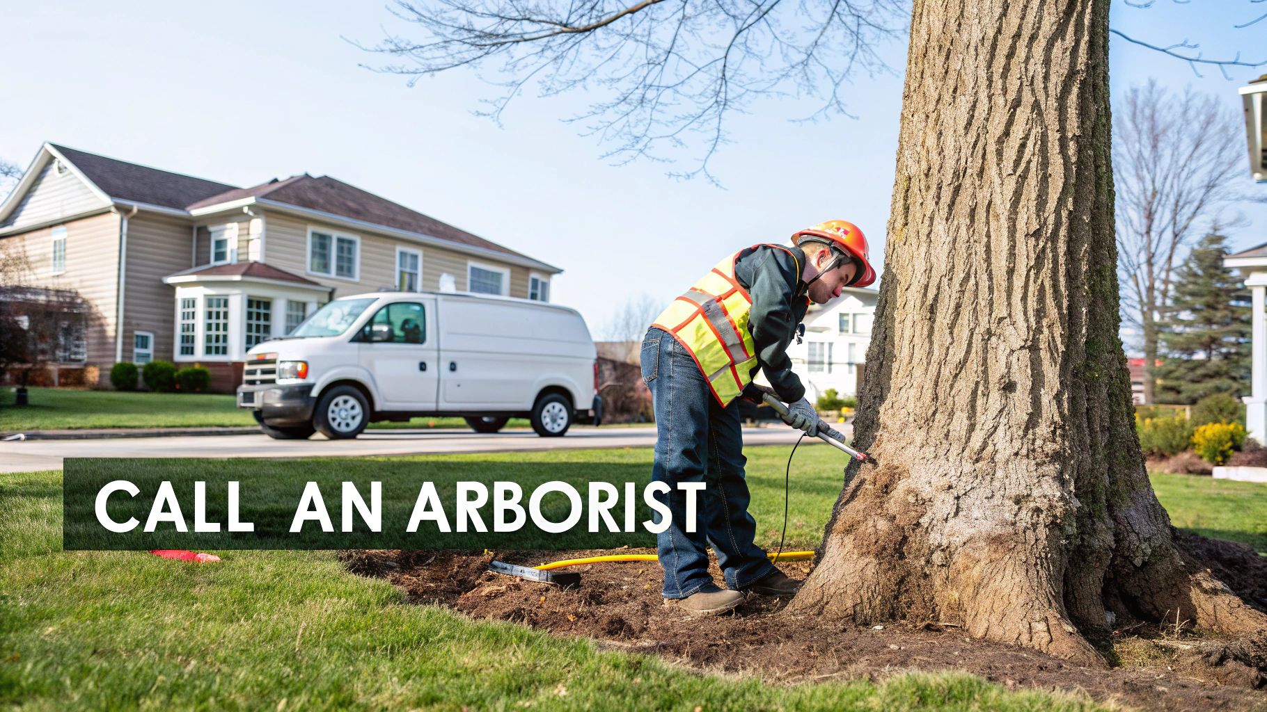 A professional arborist using specialised equipment to safely remove large tree roots near a building foundation.