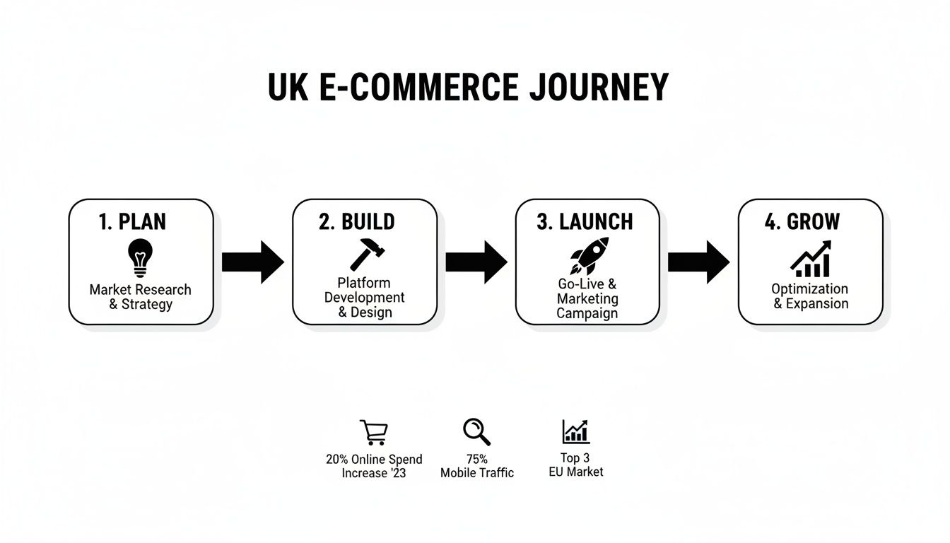 UK e-commerce journey diagram showing four stages: Plan, Build, Launch, Grow, with key market statistics.