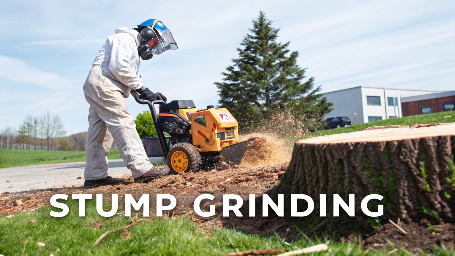 A person in protective gear operates a yellow stump grinder, efficiently removing a large tree stump.