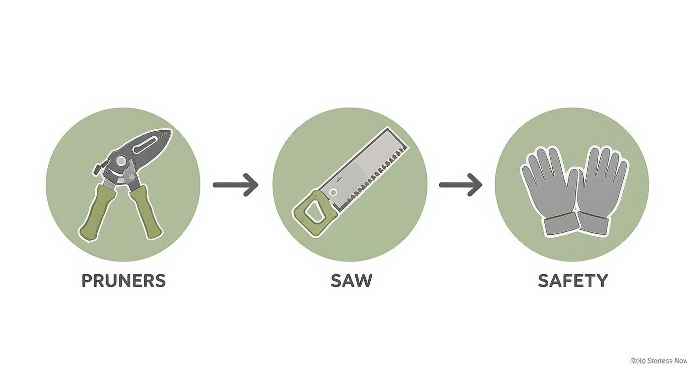 Illustrative image showing essential tools for pruning: pruners, a saw, and safety gloves.