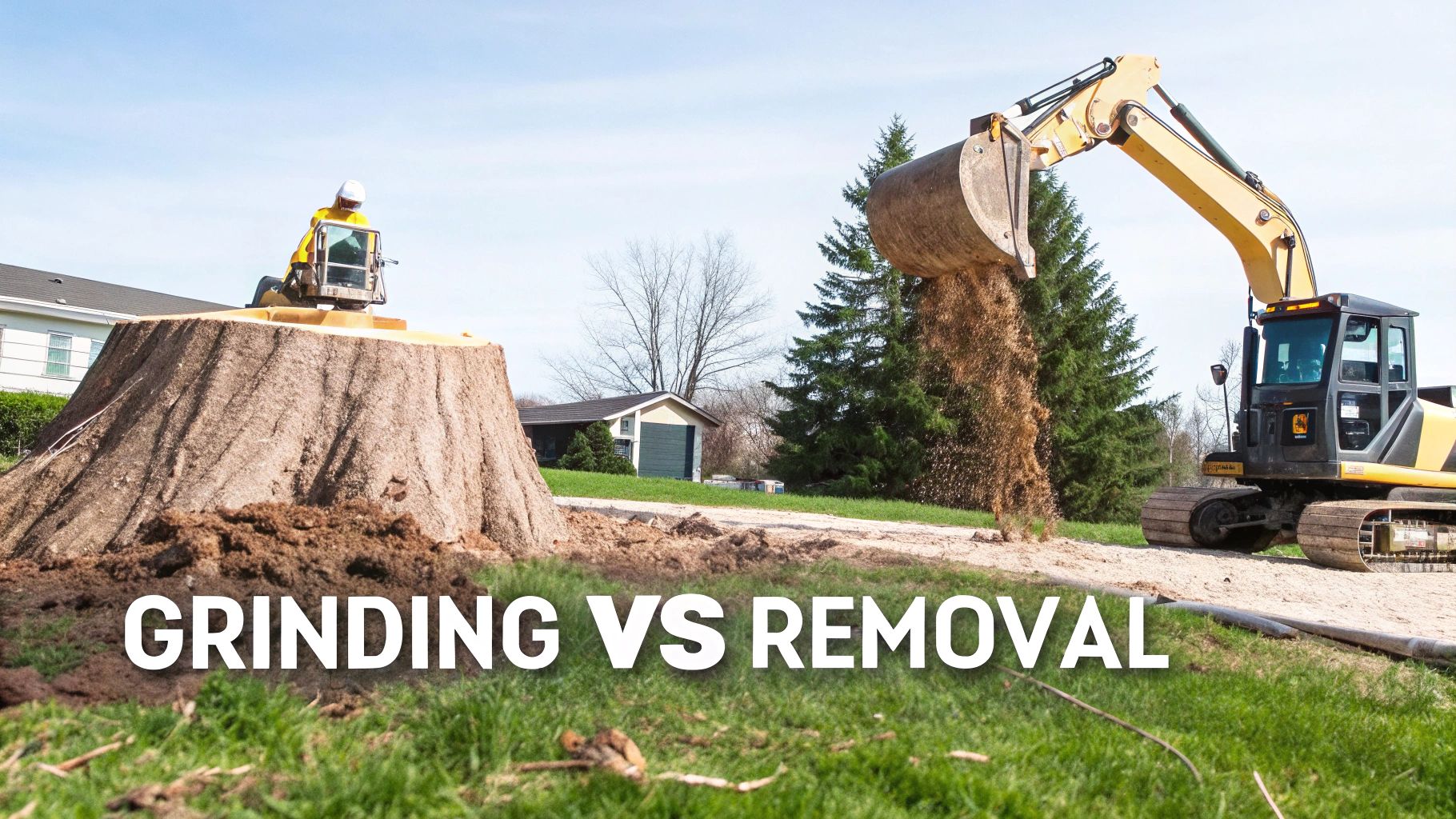 A person wearing safety gear struggles to operate a heavy stump grinder in their backyard.