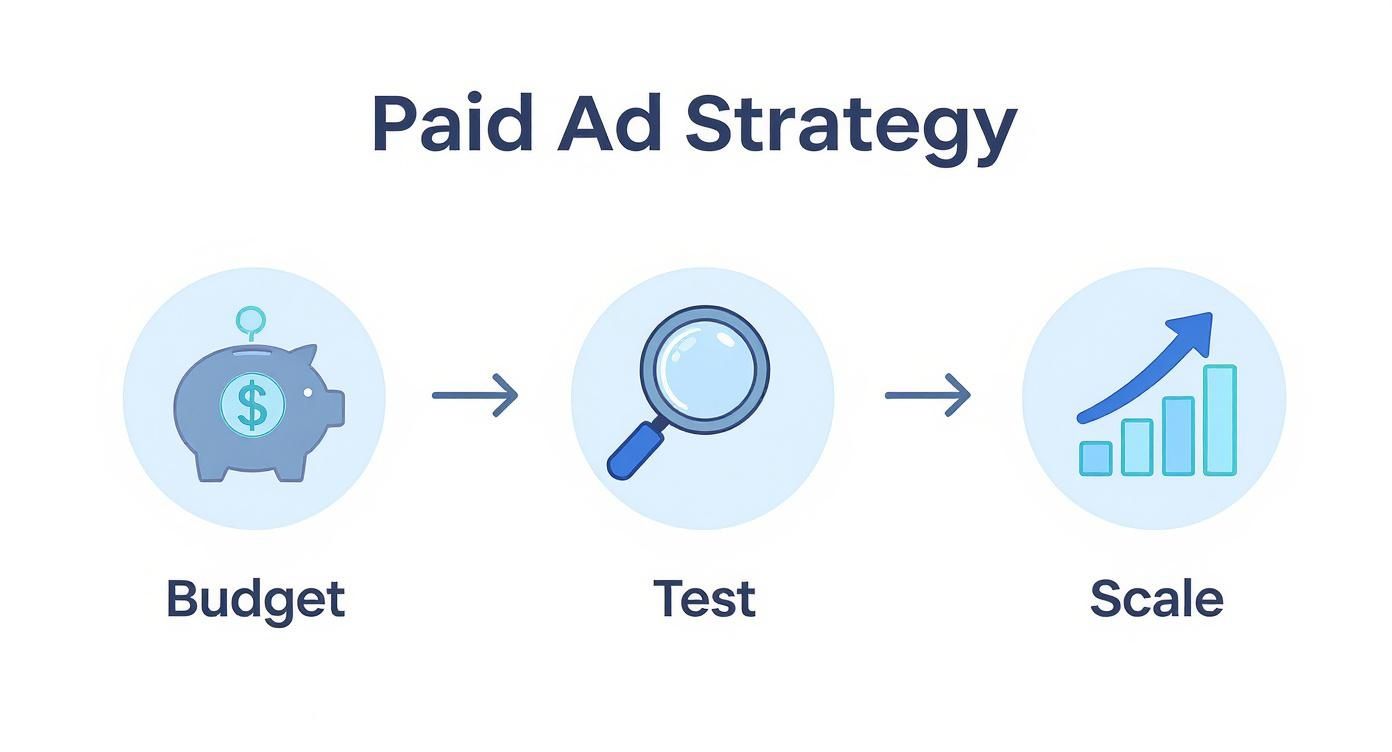 Infographic showing a paid ad strategy process: Budget (piggy bank), Test (magnifying glass), and Scale (growth chart).
