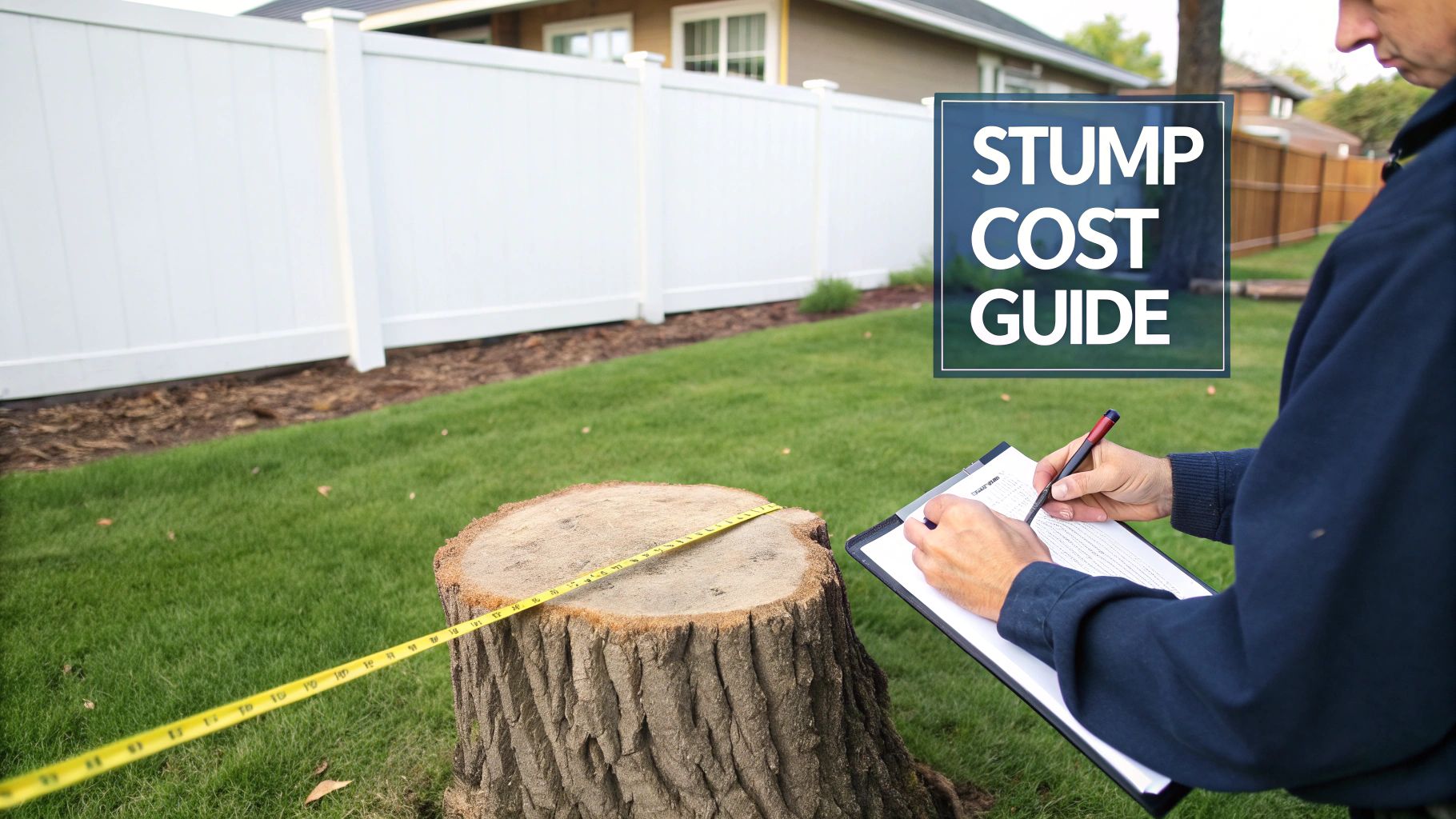 A professional using a stump grinder on a large tree stump in a residential backyard.