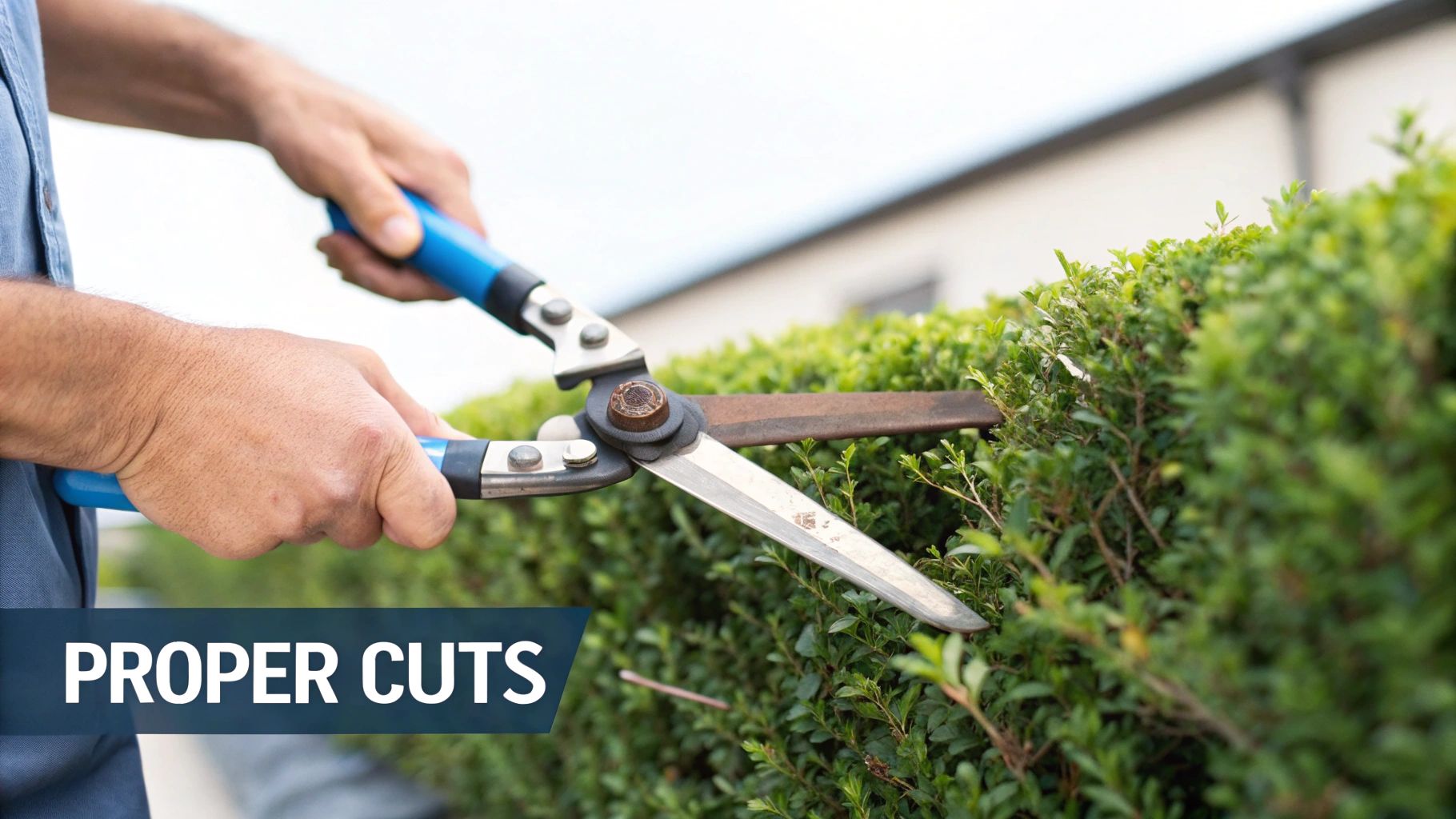 Hands trimming green hedge with blue-handled shears. Text reads "PROPER CUTS" in bold white on blue banner. Bright, outdoor setting.