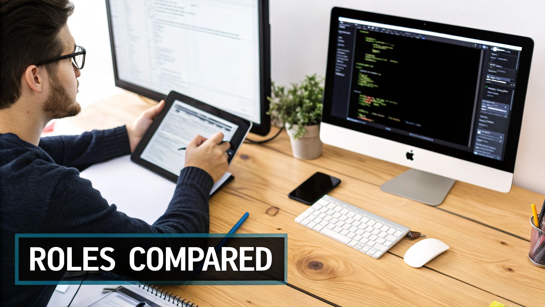 A man with glasses coding on dual monitors while taking notes on a tablet at a wooden desk.