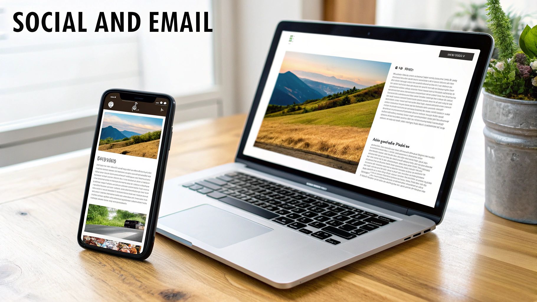 Smartphone and laptop displaying a nature landscape website, illustrating social and email content.
