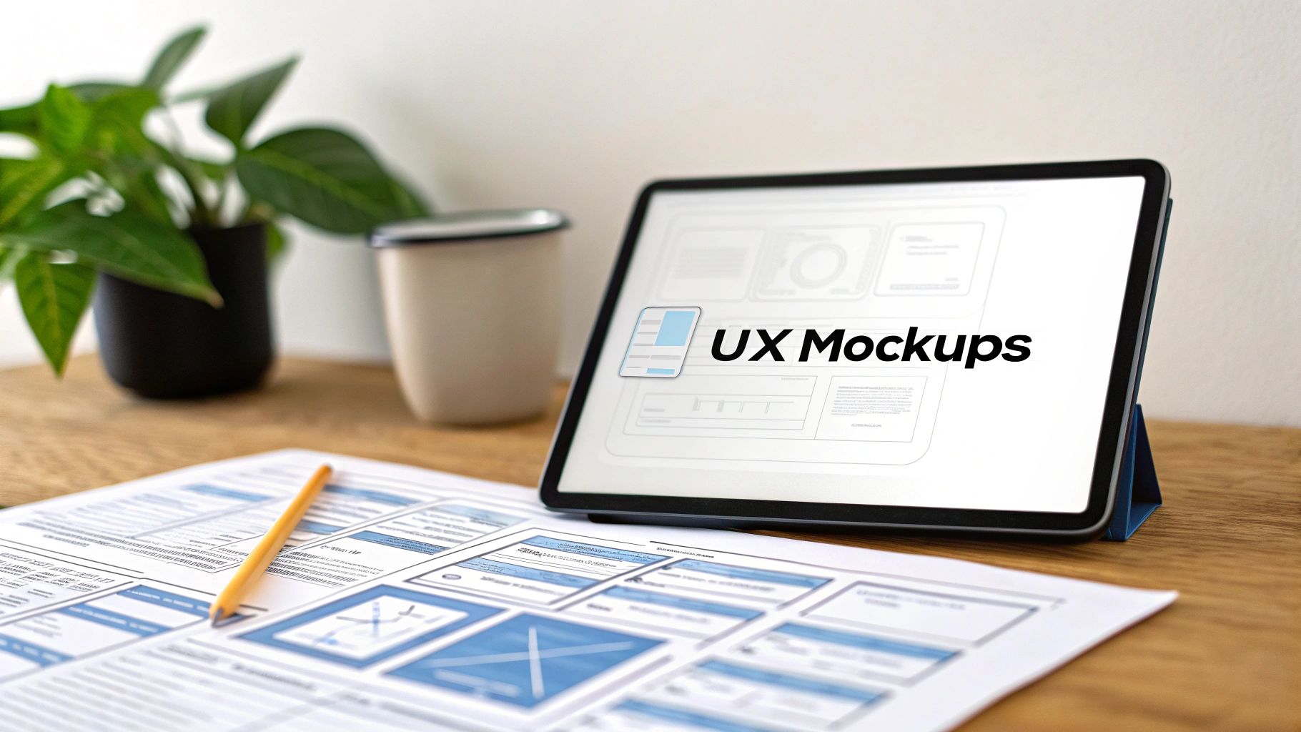 A creative workspace with a tablet displaying UX mockups, wireframe papers, a pencil, plant, and cup on a wooden desk.