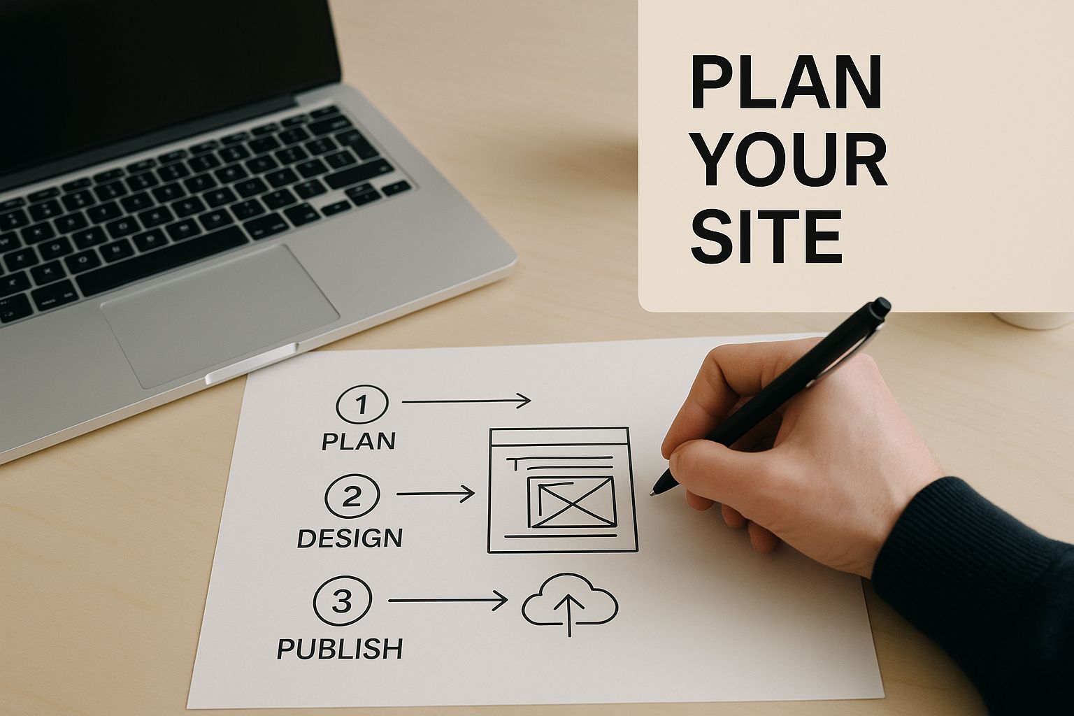 Hand writing "Plan Your Site" diagram on paper near laptop. Steps: 1) Plan, 2) Design, 3) Publish. Neutral colors, desk setting.