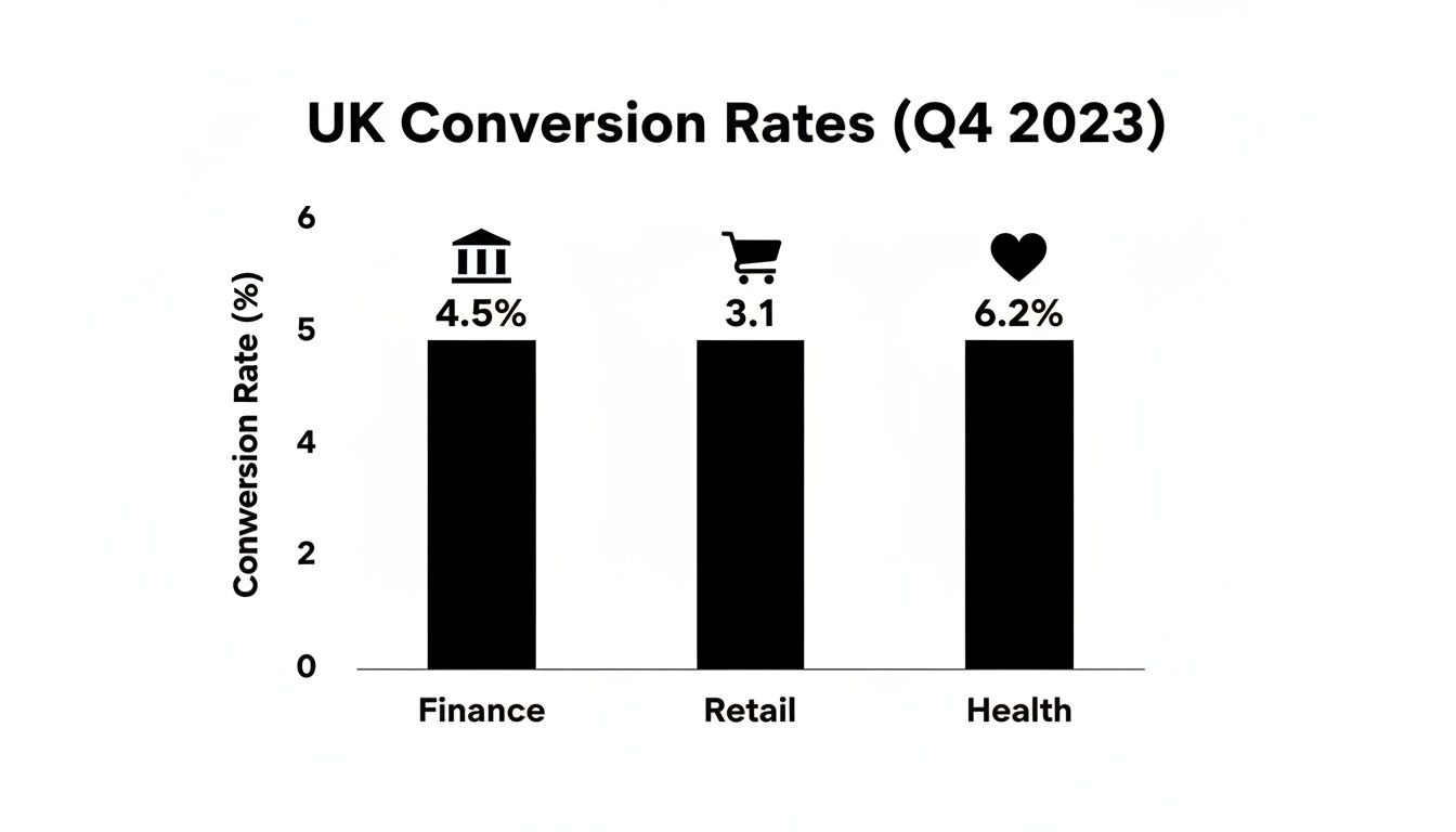 Bar chart showing UK Q4 2023 conversion rates: Finance 4.5%, Retail 3.1%, Health 6.2%.