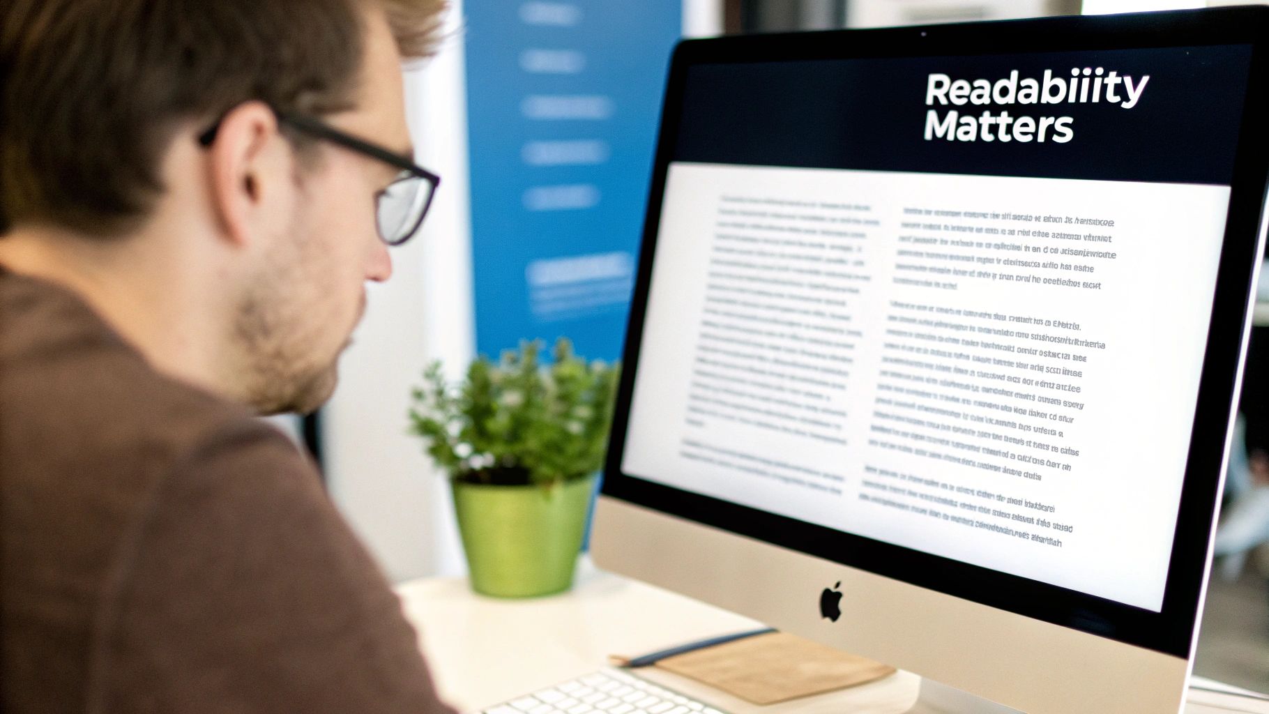 A man wearing glasses looks intently at a computer screen displaying "Readabiiity Matters" and text.