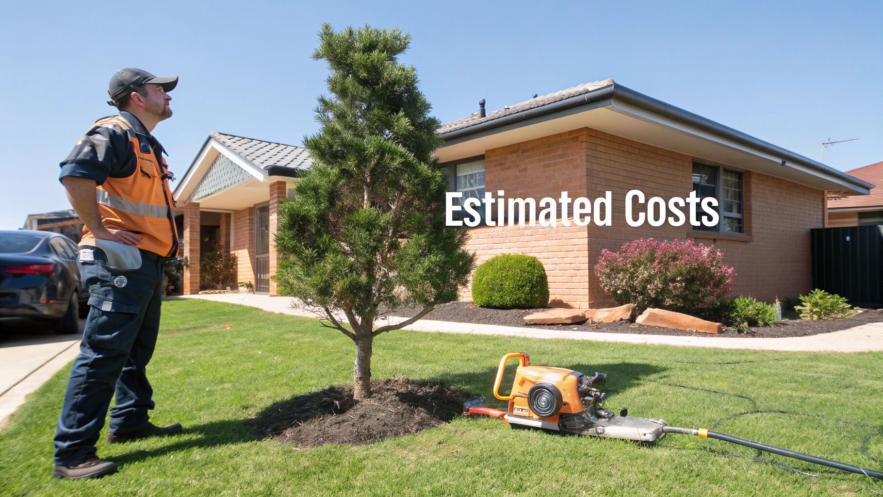Professional inspecting a tree for trimming costs, with equipment and a house in the background.