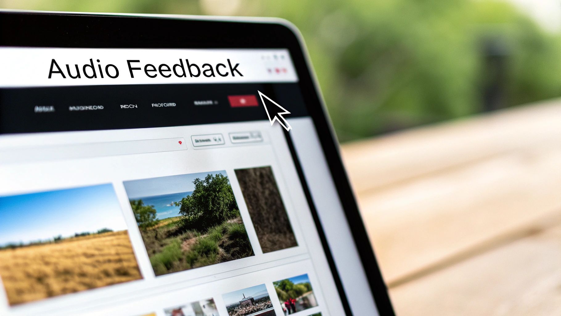 Tablet screen displaying 'Audio Feedback' and a photo gallery, with a mouse cursor on the upper right.