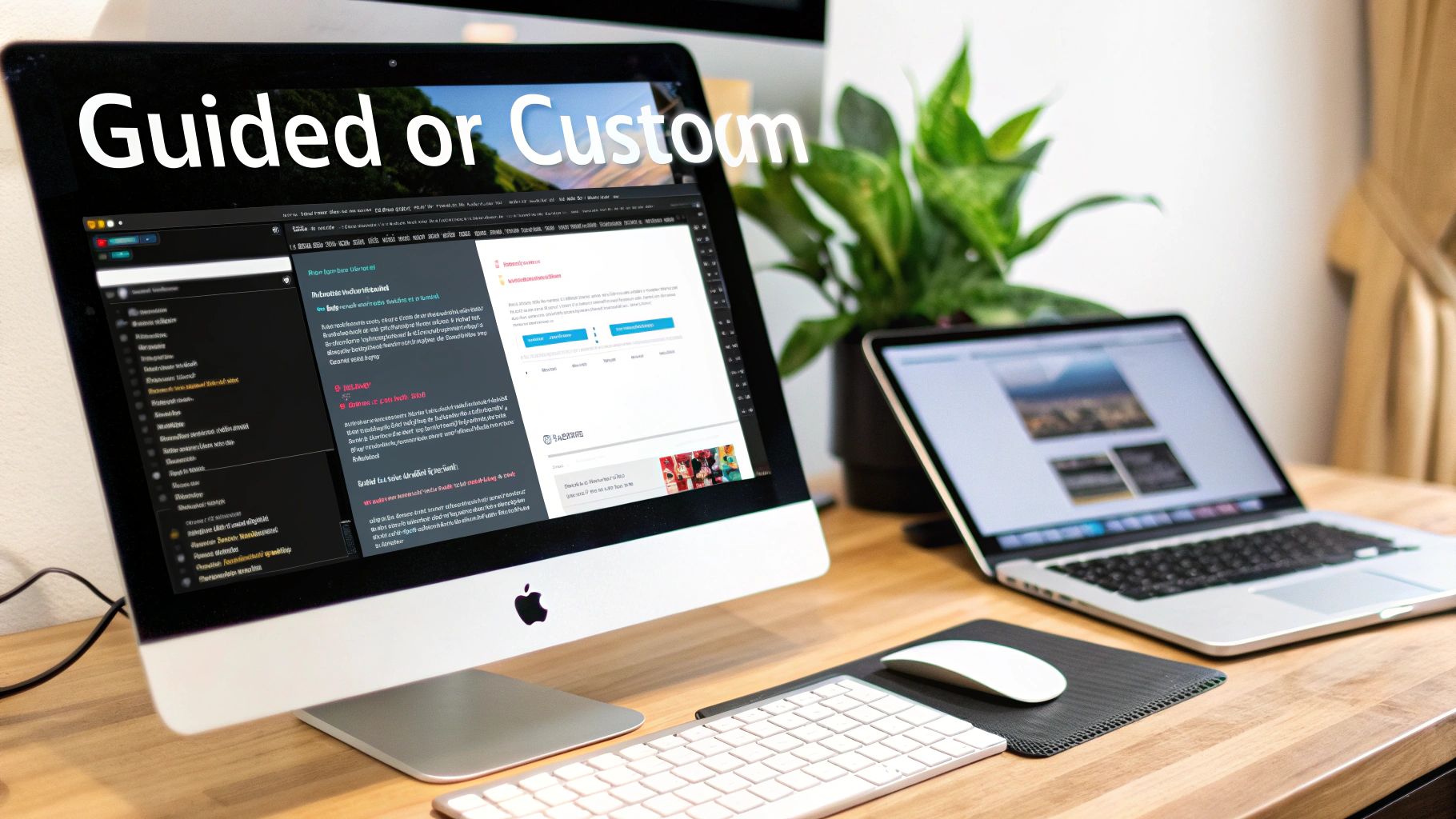 An Apple iMac and MacBook laptop on a wooden desk with a plant, showing 'Guided or Custom' on screen.