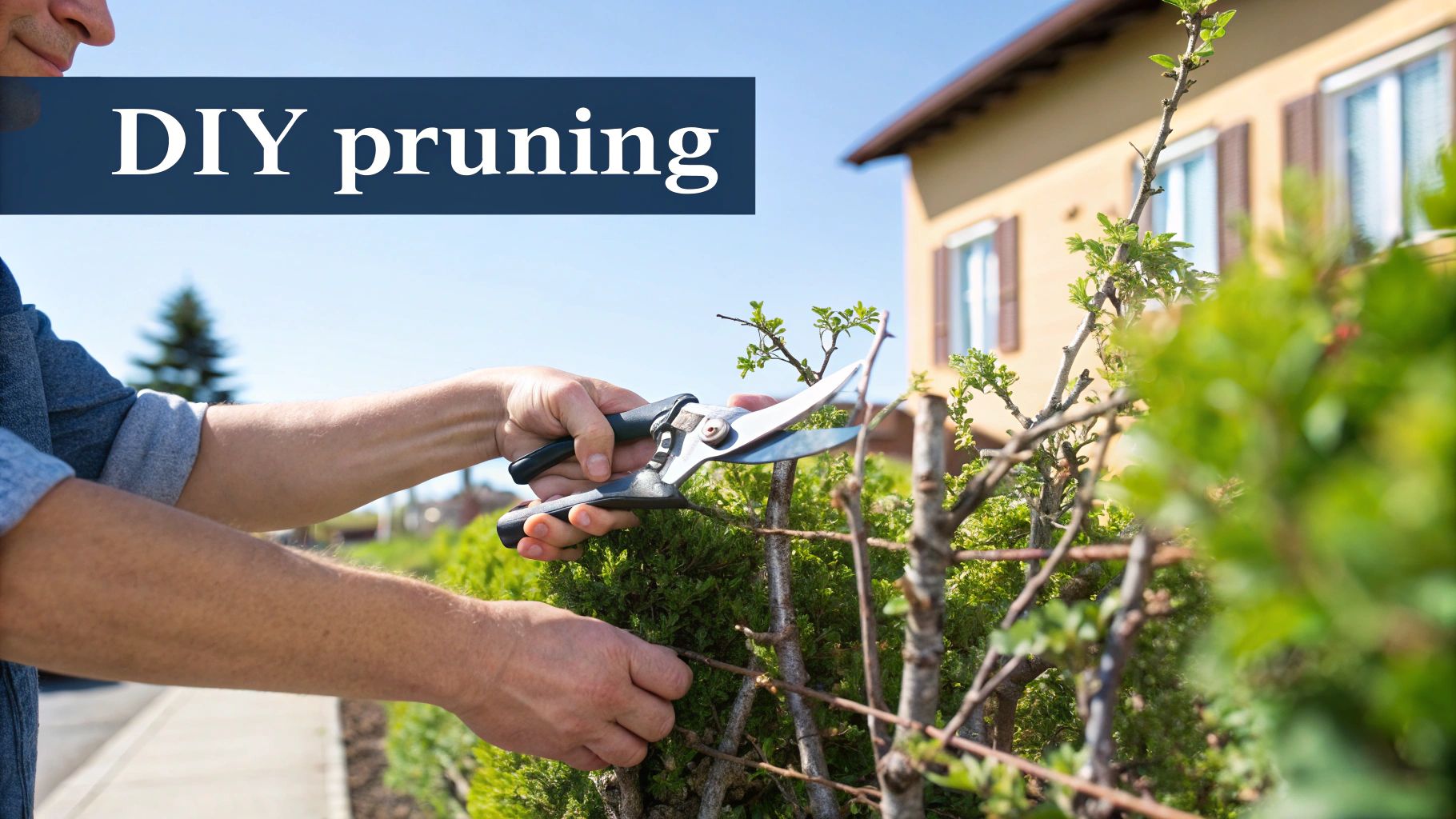 Hands pruning green plants with shears in a sunny garden. A beige house is in the background. Text reads "DIY pruning."